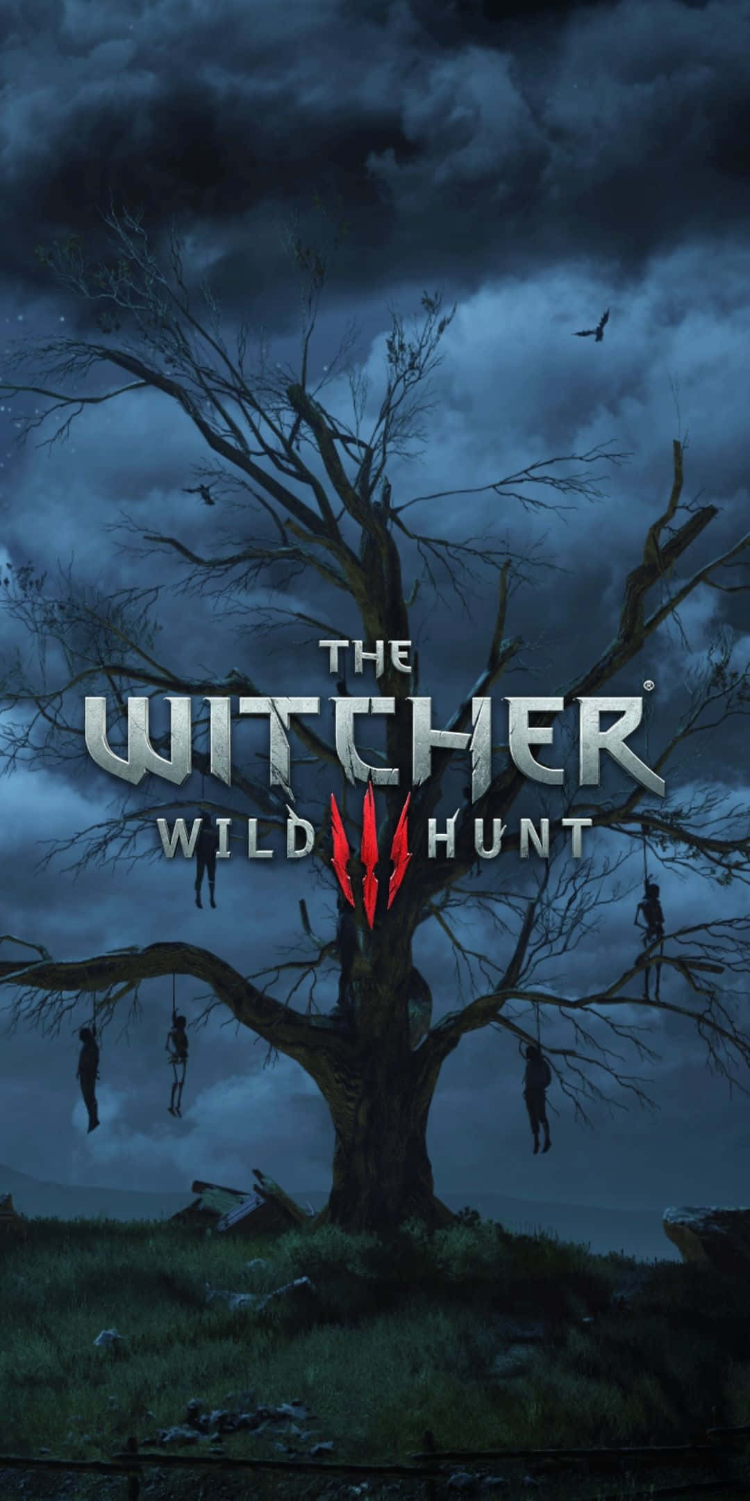 Pixel 3 The Witcher 3 桌布 壁紙 — 一棵扭曲的樹在暴風雨的夜空下，掛著人物和遊戲標題 The Witcher Wild Hunt。