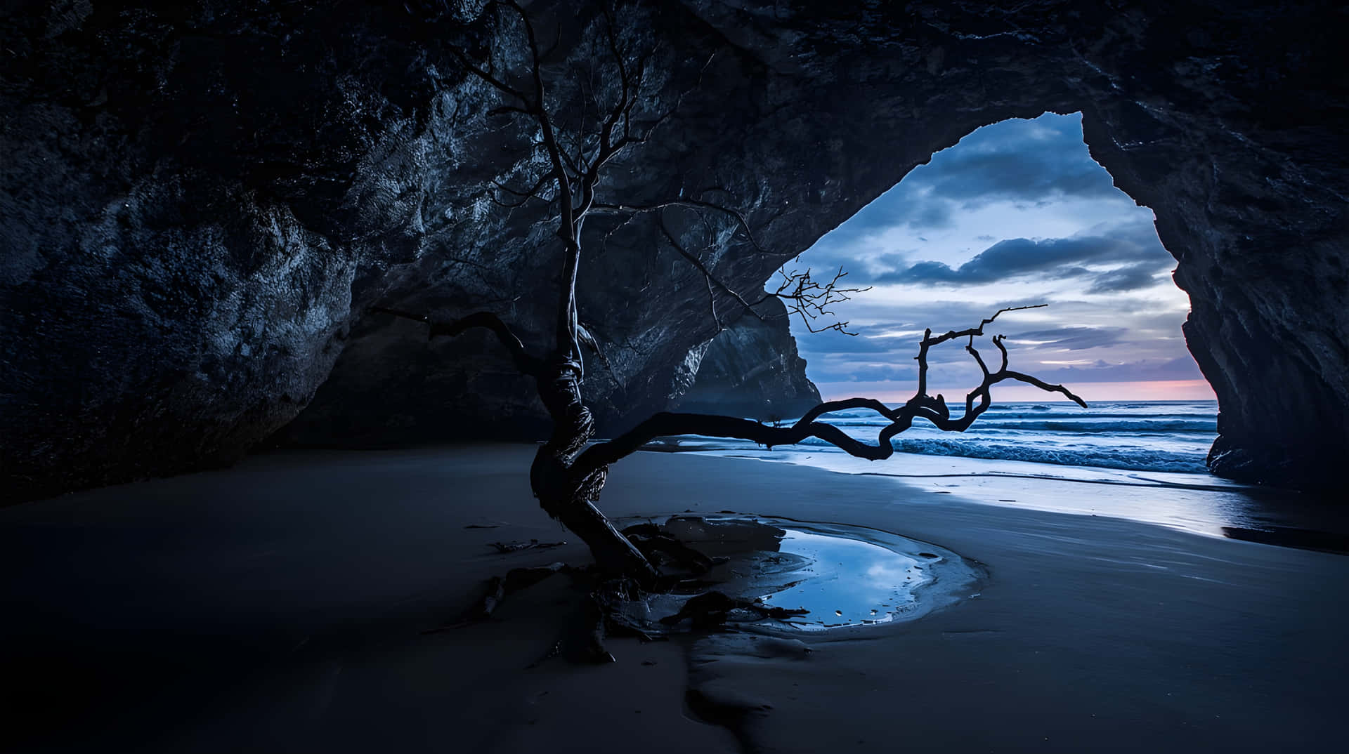 Twisted Bare Tree in Dark Coastal Cave at Sunset Wallpaper 壁紙 — 一棵扭曲的樹在海蝕洞內形成剪影，暮色將拱門外的天空染成藍色和粉紅色。