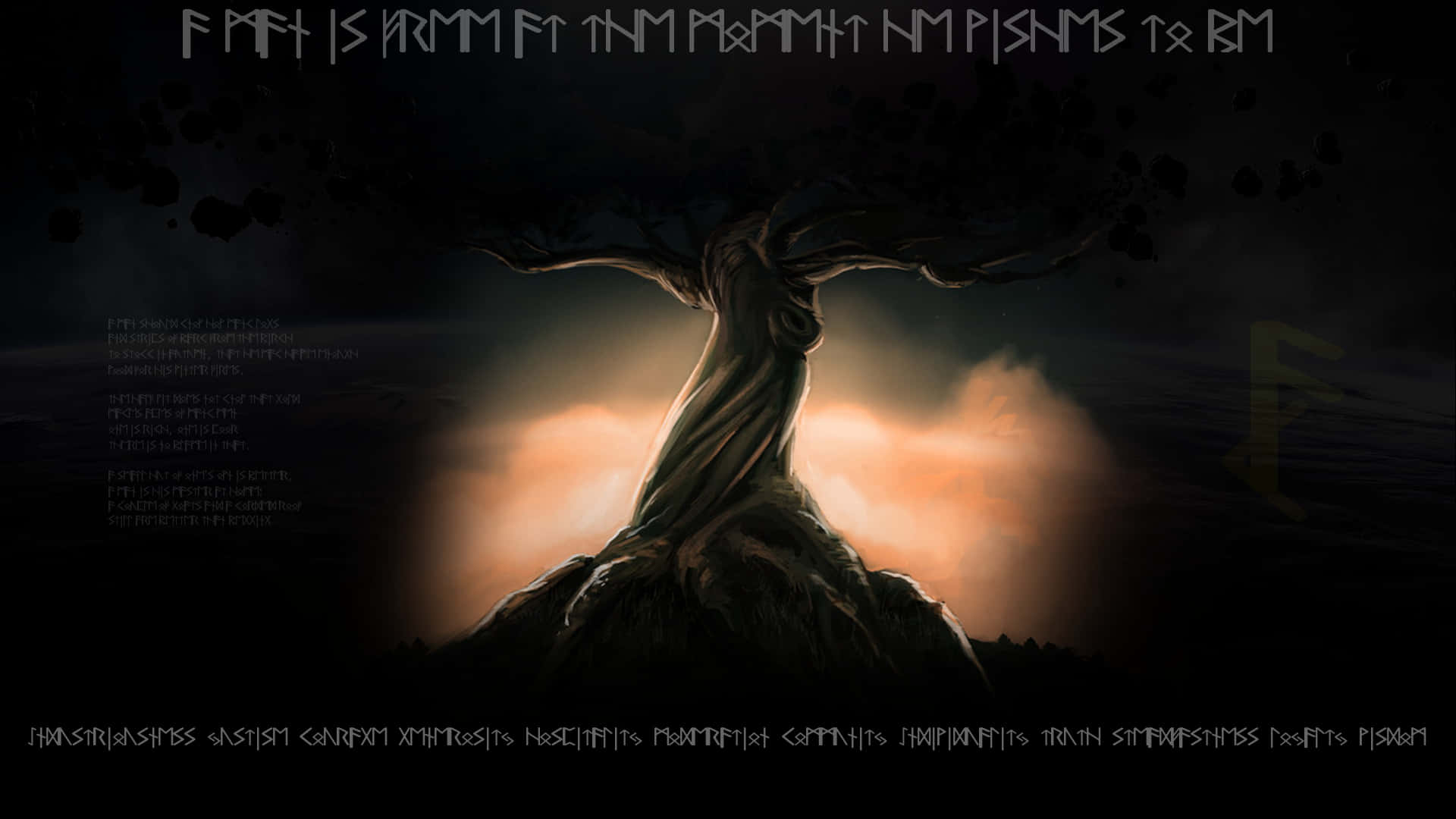 Norse Mythology 桌布 壁紙 — 一棵扭曲的樹木剪影矗立在岩石露頭上，映襯著發光的橙色日落天空。