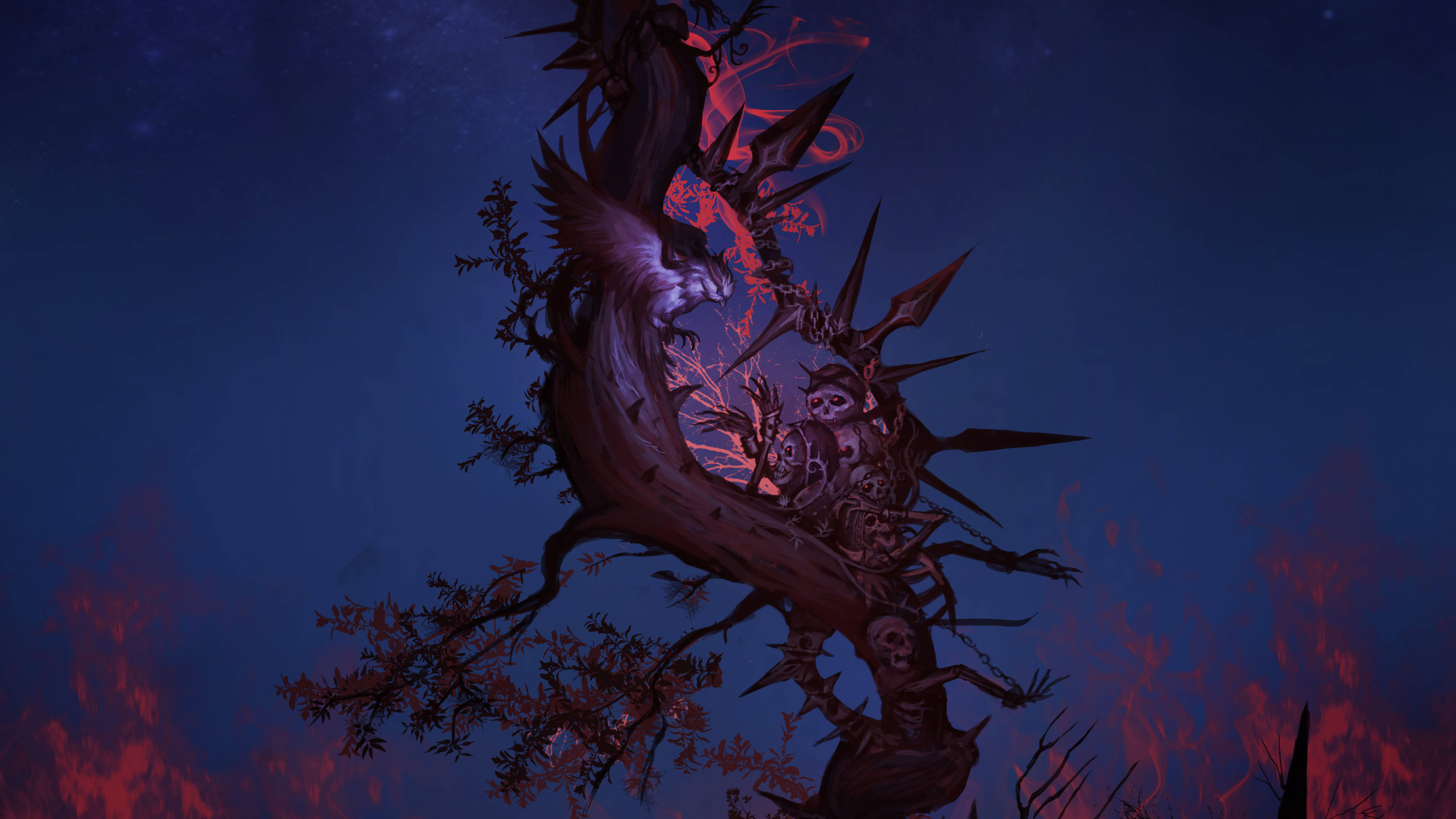 Life And Death 桌布 壁紙 — 一棵扭曲的骷髏樹，帶有發光的紅色火焰和頭骨，襯著黑暗的星空夜空。