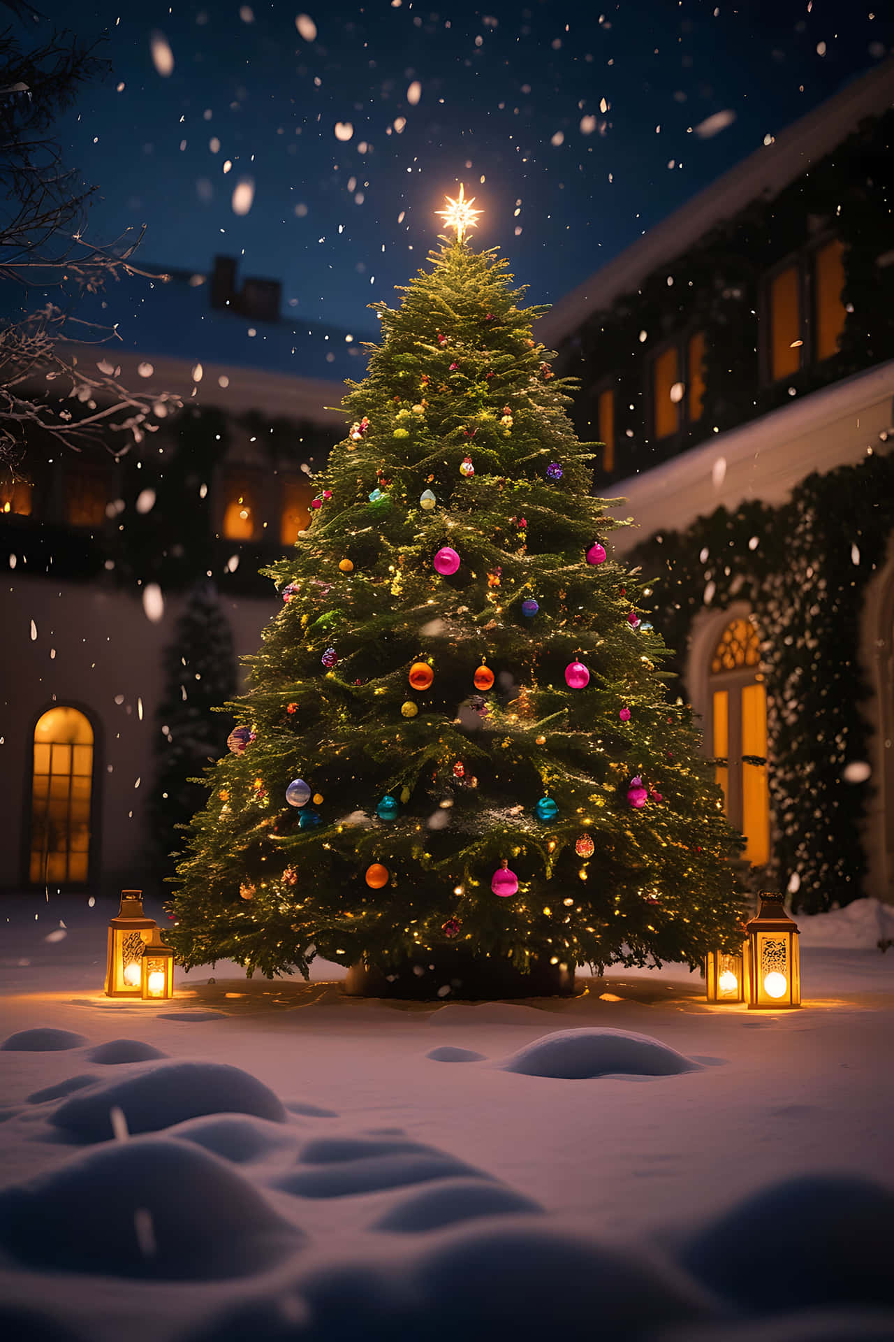 Christmas tree in snowy courtyard 壁紙 — 一棵明亮照明的聖誕樹，裝飾著色彩繽紛的飾品和一顆星星，矗立在雪地中，雪花飄落，附近有發光的燈籠。