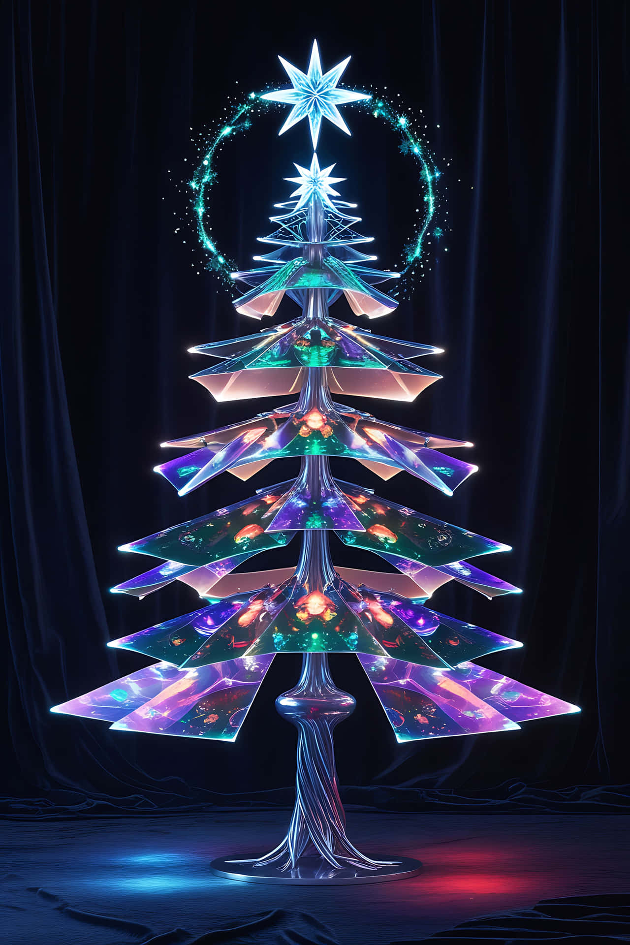 Illuminated christmas tree with star topper 壁紙 — 一棵未來風格的玻璃聖誕樹，帶有發光霓虹燈和星星樹頂裝飾，立在深色天鵝絨幕布前。