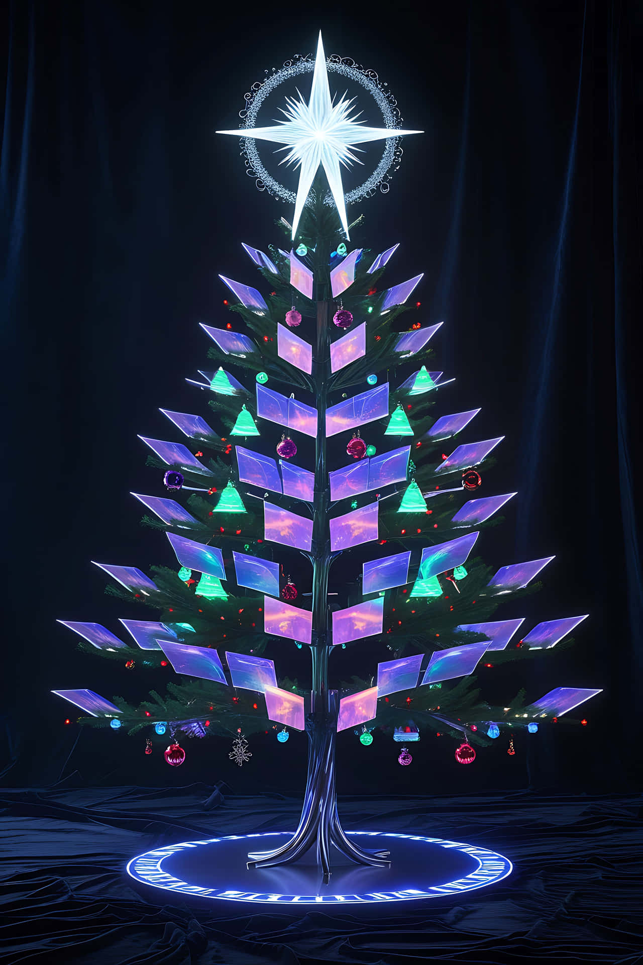 Illuminated christmas tree with star topper 壁紙 — 一棵未來風格的聖誕樹，裝飾著發光的筆記型電腦螢幕，顯示宇宙天空，頂部有一顆閃耀的星星，背景是深色窗簾。