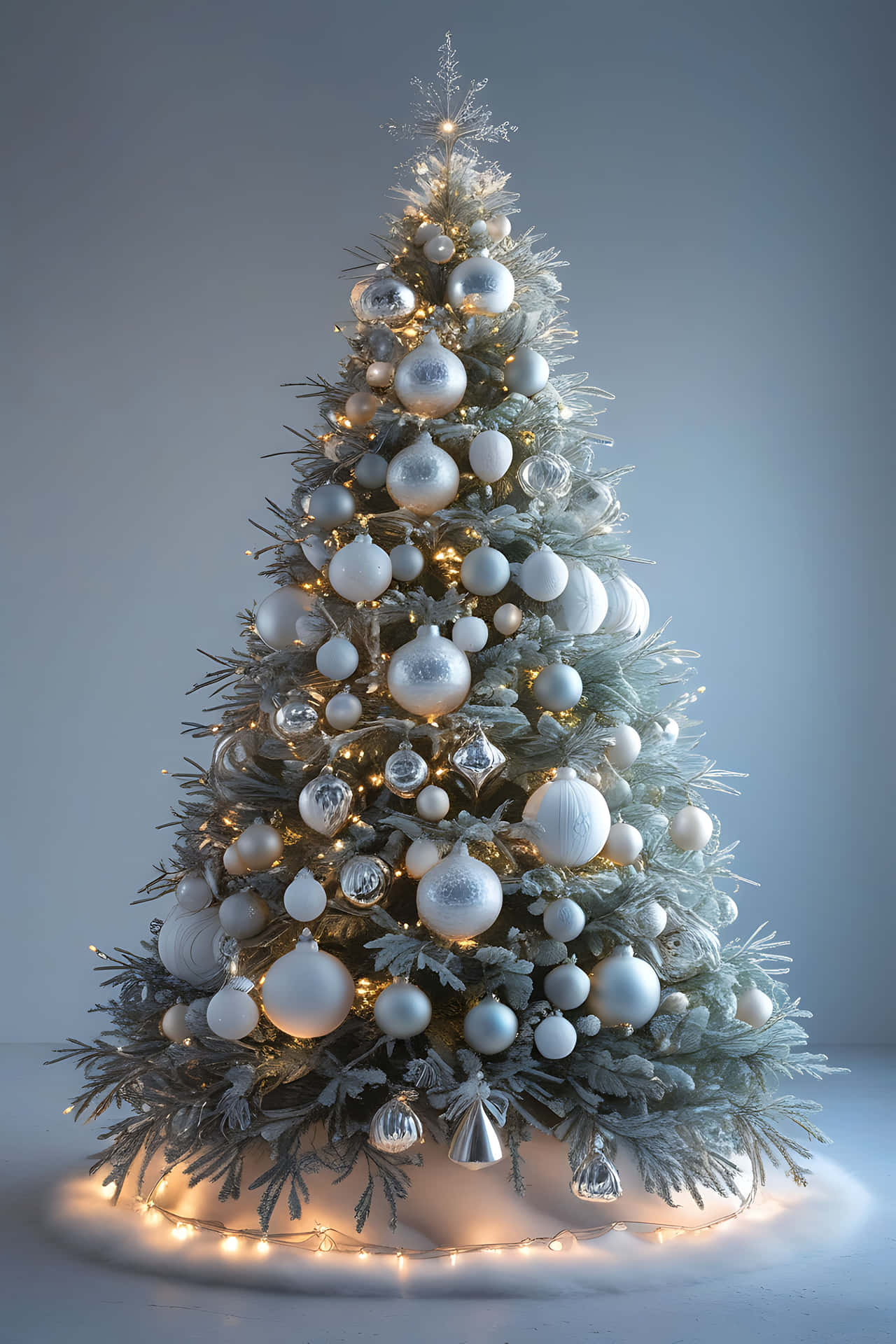 Elegant white christmas tree 壁紙 — 一棵植絨聖誕樹，裝飾著銀色和白色的飾物以及溫暖的串燈，背景是柔和的灰色。