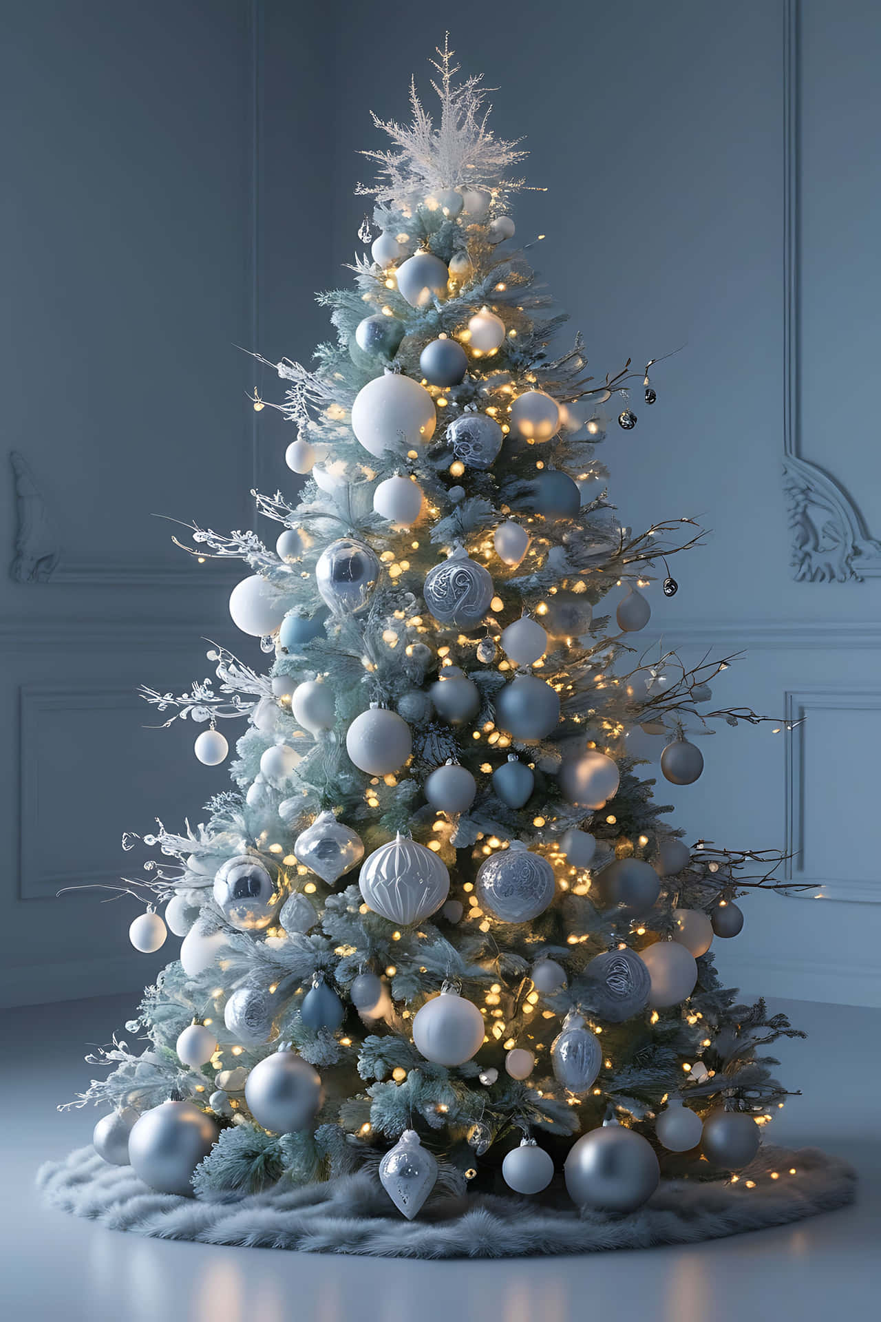 Elegant winter wonderland christmas tree 壁紙 — 一棵植絨聖誕樹，飾有銀色和白色的裝飾品以及溫暖的串燈，優雅地矗立在淡藍色的房間中。
