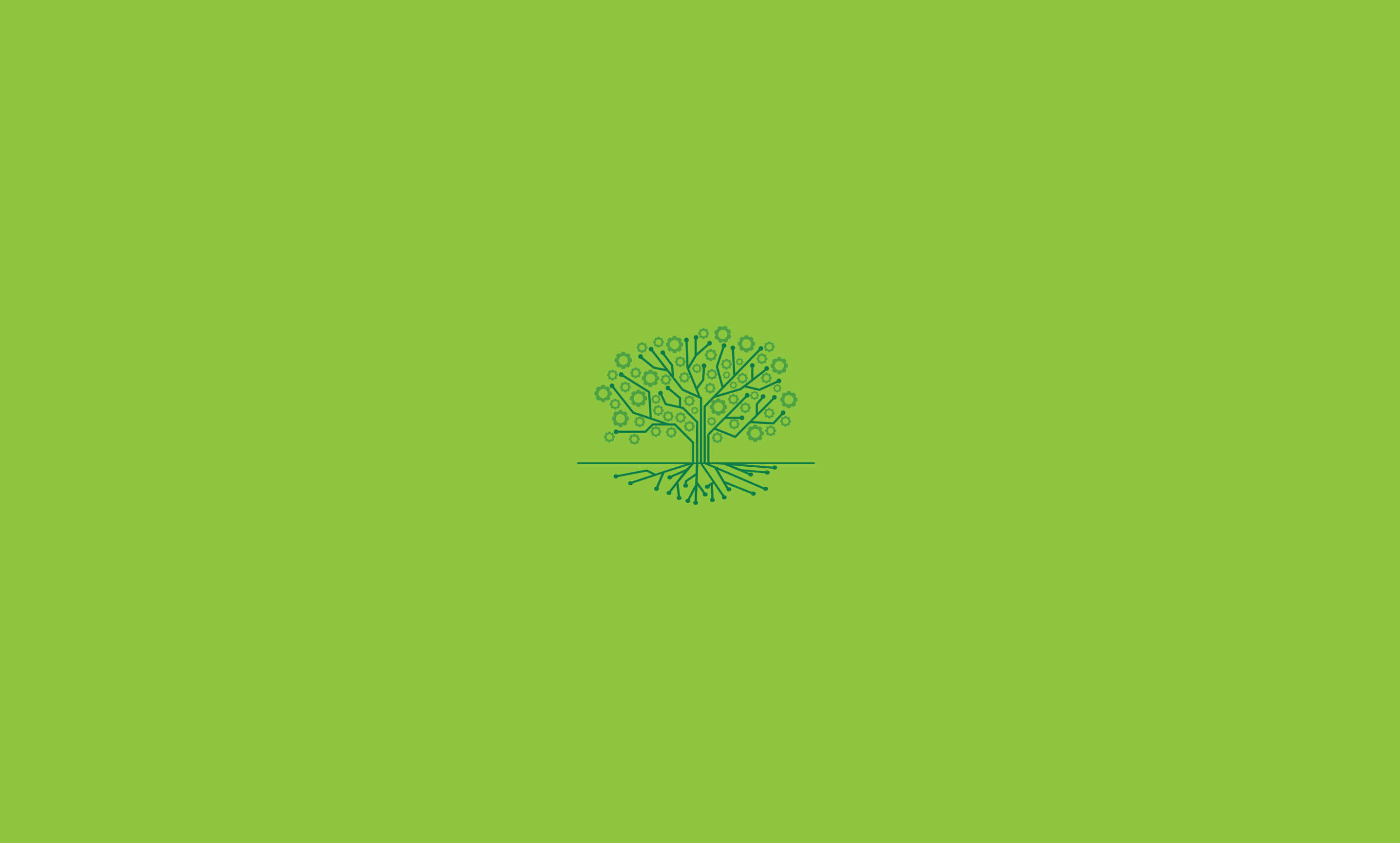Aesthetic Green Minimal 桌布 壁紙 — 一棵極簡線條藝術樹，帶有電路般的樹枝和樹根，居中於純綠色背景上。
