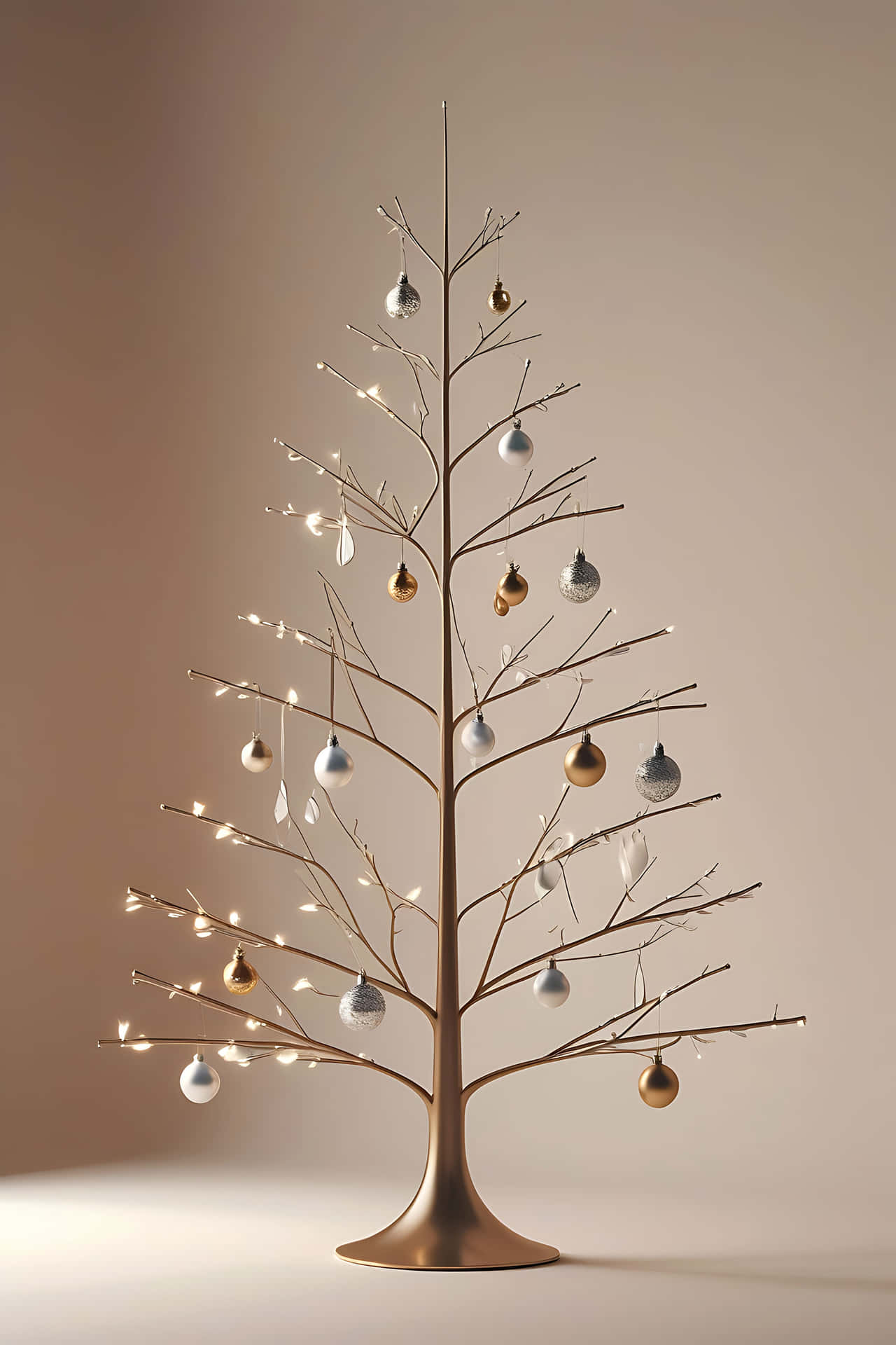 Decorated metal christmas tree 壁紙 — 一棵極簡金屬樹，樹枝光禿，飾有銀色和金色裝飾品及溫暖的串燈，背景為柔和的米色。