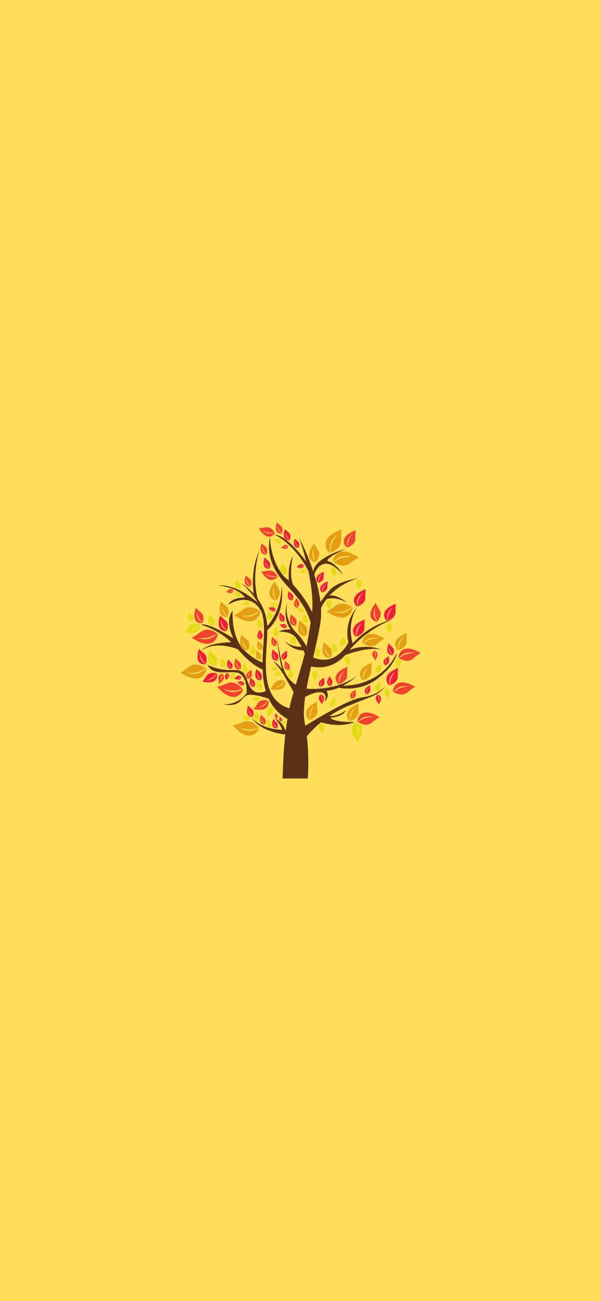 Best Fall 桌布 壁紙 — 一棵極簡風格的樹，帶有紅色、橙色和黃色的秋葉，居中立在純黃色背景上。