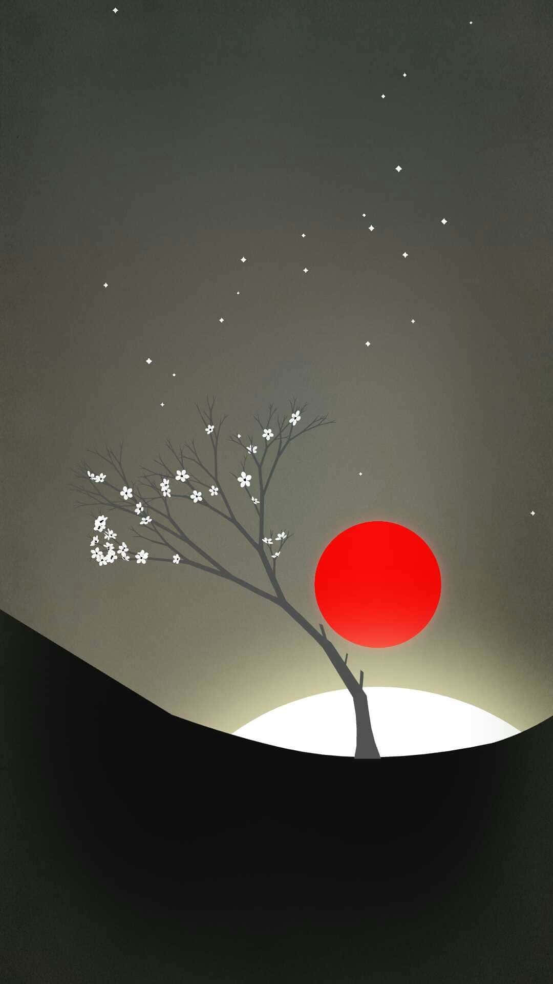 藝術 桌布 壁紙 — 一棵極簡風格的樹，開著白色花朵，矗立在閃耀的紅日前，背景是繁星點點的暮色天空。