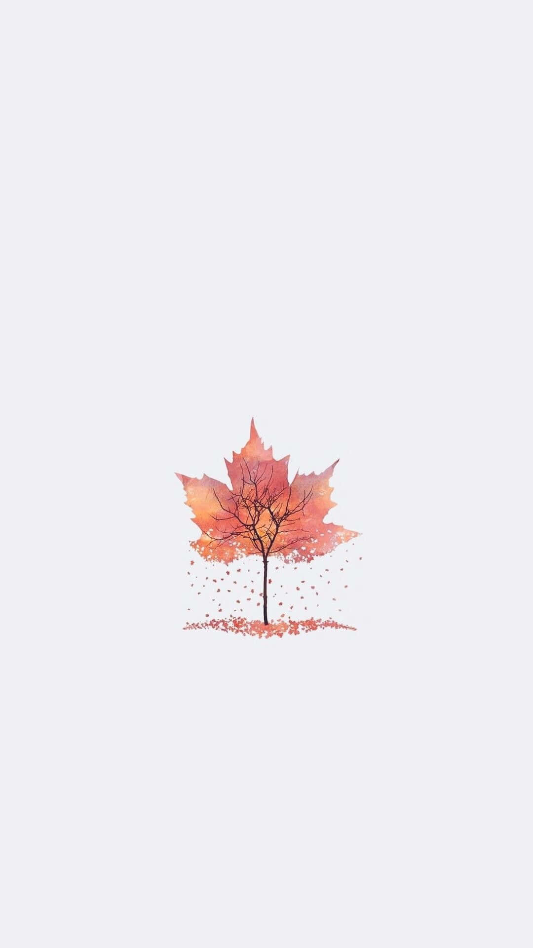 秋季 iPhone 桌布 壁紙 — 一棵極簡風格的水彩樹，帶有楓葉形狀的秋葉，背景為淺灰色。
