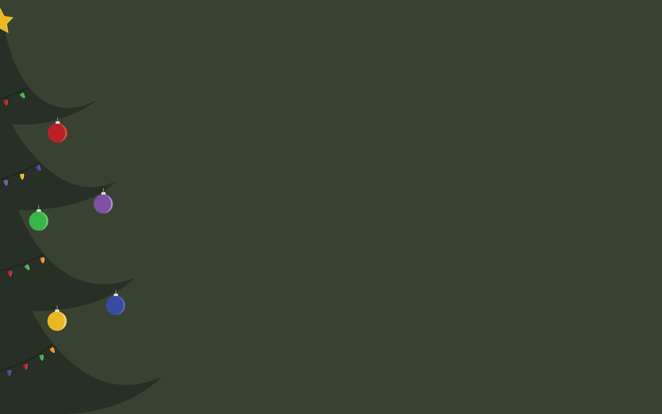 Minimalist Christmas Desktop 桌布 壁紙 — 一棵極簡風格的深綠色聖誕樹，裝飾著色彩繽紛的飾品和一顆星星，背景為純色。