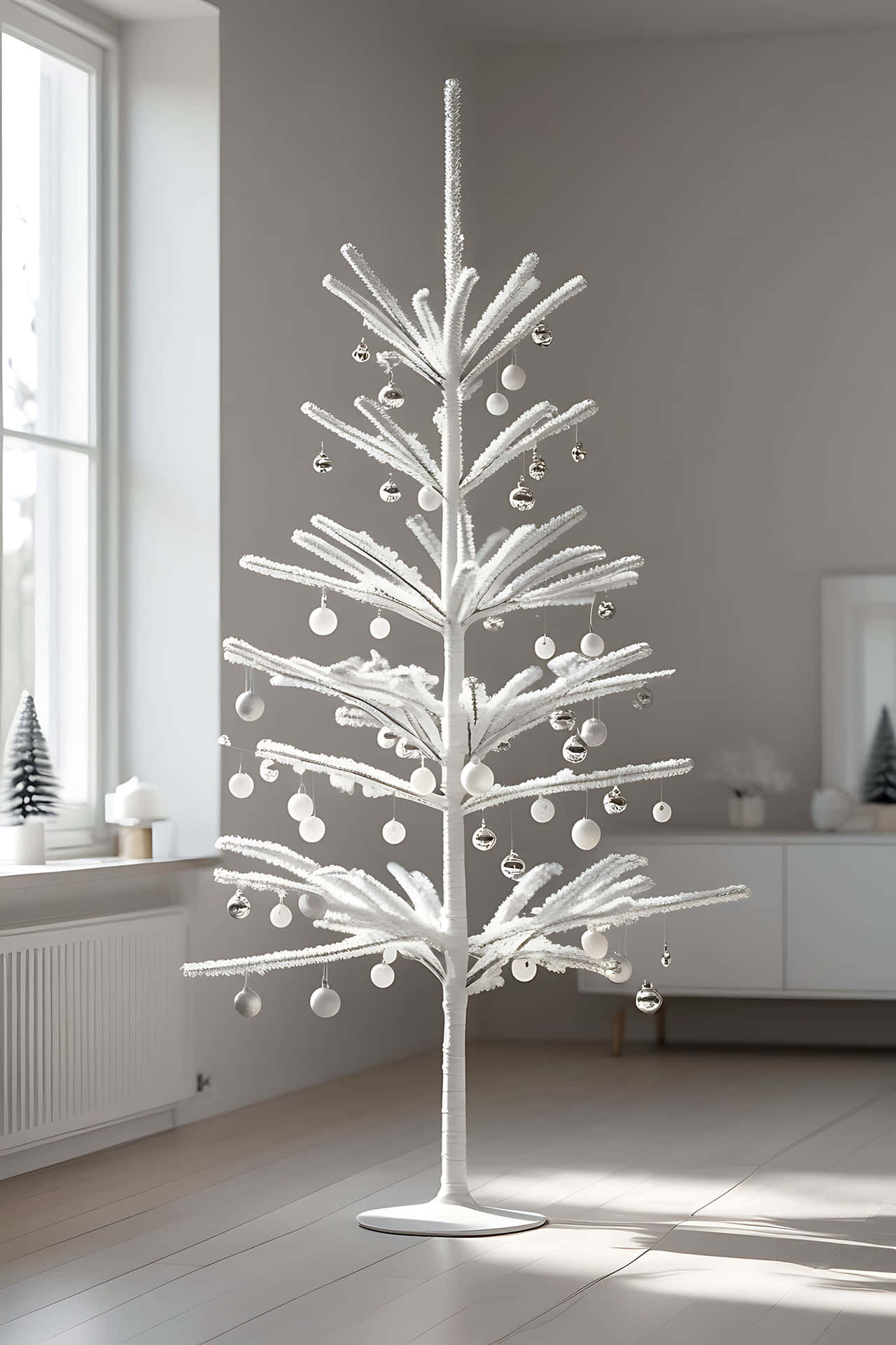 Elegant white christmas tree in modern living room 壁紙 — 一棵極簡風格的白色磨砂聖誕樹，飾有銀色和白色的裝飾品，矗立在光線充足的現代化房間中，自然光線充足。