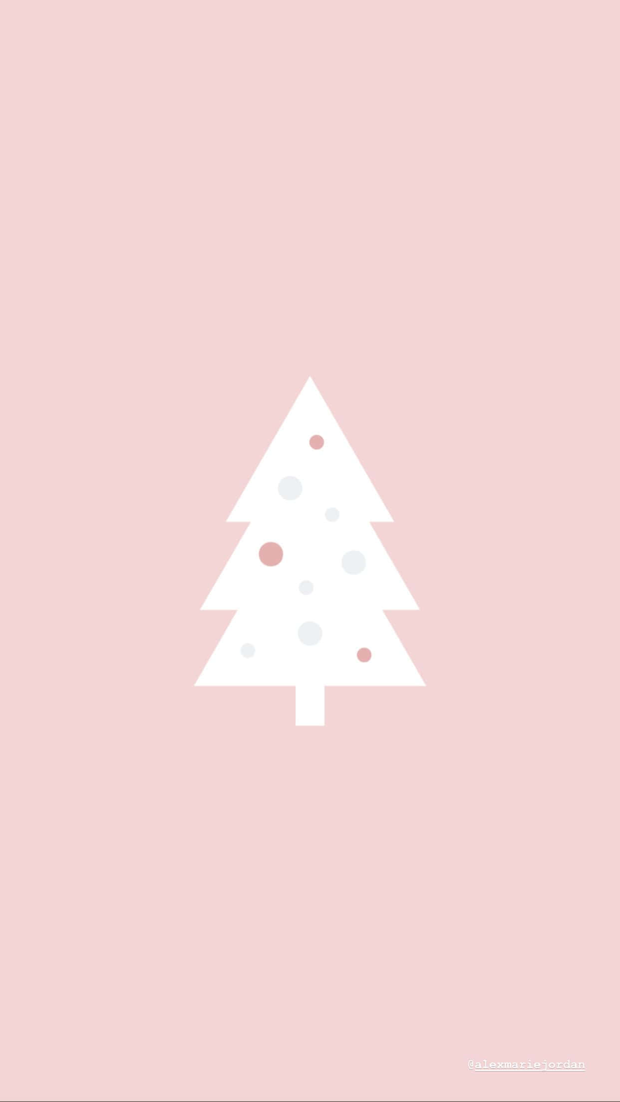 Pink Christmas Tree 桌布 壁紙 — 一棵極簡風格的白色聖誕樹，帶有散落的粉紅色和灰色圓點，位於柔和的粉紅色背景中央。