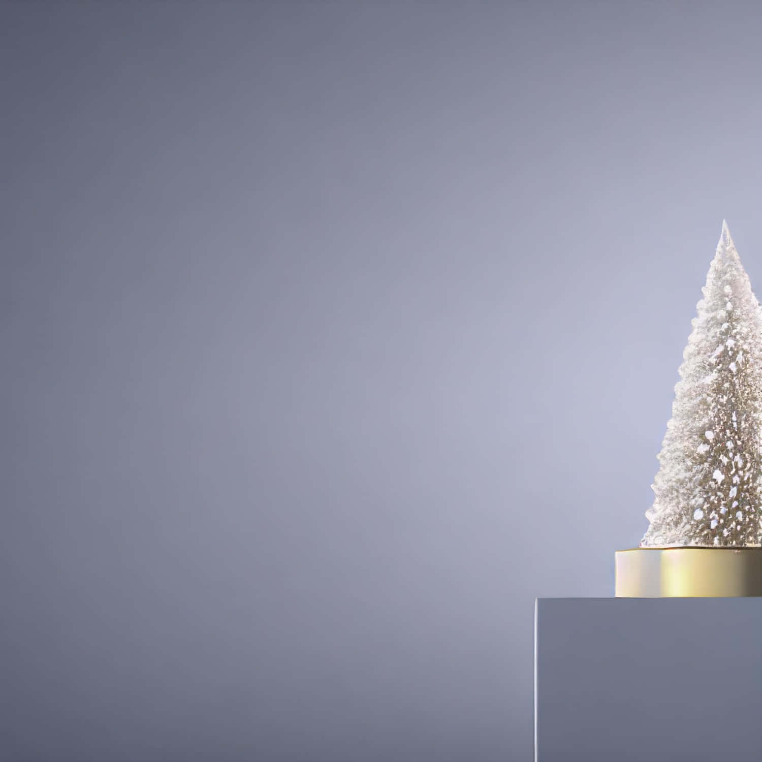 Gold Christmas 桌布 壁紙 — 一棵極簡風格的白色聖誕樹，帶有閃爍雪紋質感，放置在時尚的灰色底座上，背景是柔和的薰衣草漸變色。