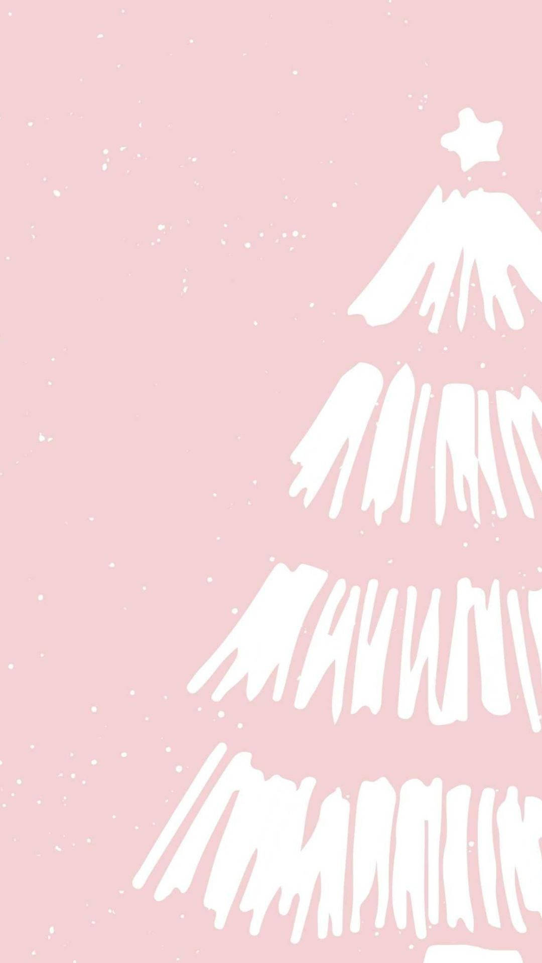 Kawaii Christmas 桌布 壁紙 — 一棵極簡風格的白色聖誕樹，頂部有一顆星星，立在柔和的粉紅色背景上，背景佈滿細小的白色圓點。