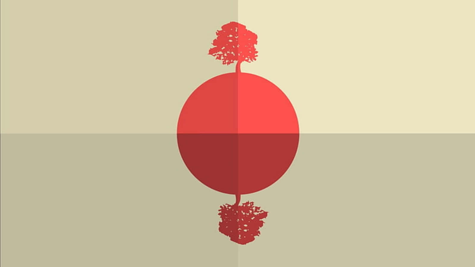 藝術 桌布 壁紙 — 一棵極簡風格的紅色樹木立於圓形之上，下方在米色背景中倒映。