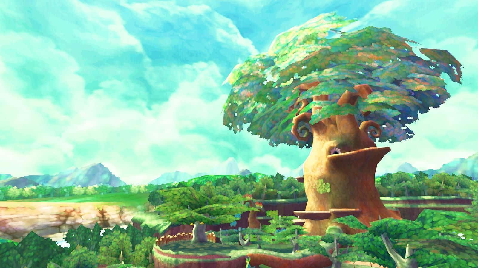 The Legend Of Zelda The Wind Waker 桌布 壁紙 — 一棵樹冠寬闊、枝條呈螺旋狀的巨大樹木，矗立在晴朗天空下鬱鬱蔥蔥的綠色山谷中。