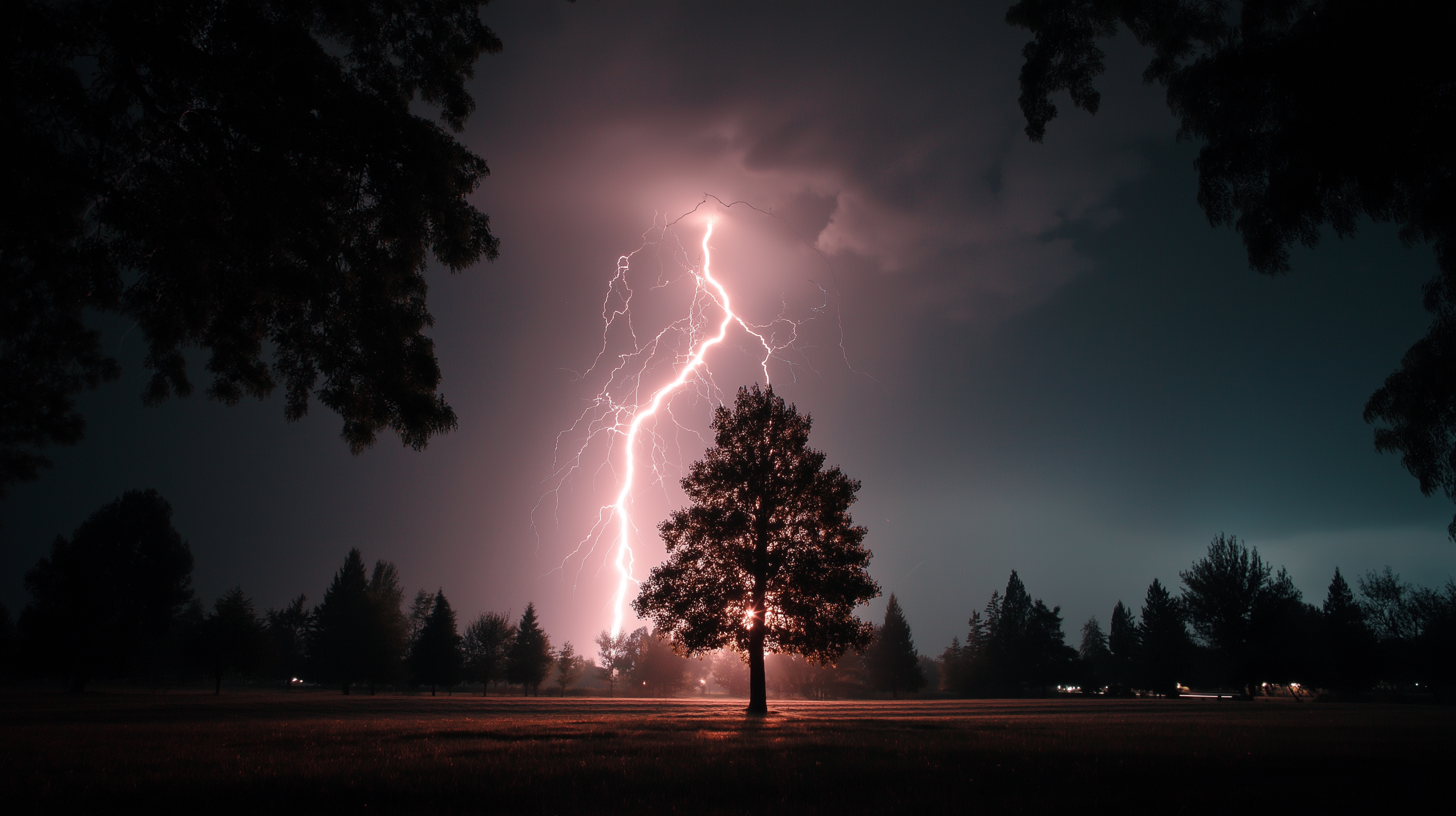 Thunderstorm 桌布 壁紙 — 一棵樹孤獨地矗立在田野中，巨大的閃電照亮了暴風雨的夜空。