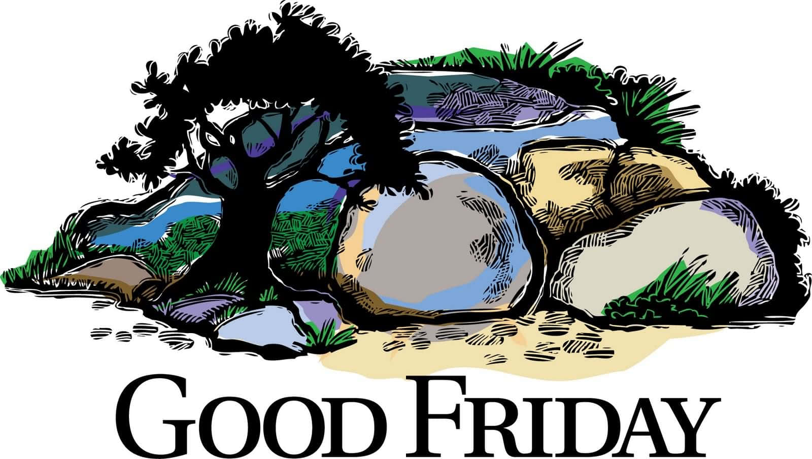 Good Friday 桌布 壁紙 — 一棵樹旁邊有岩石和草的風格化插圖，下方有文字「耶穌受難日」。
