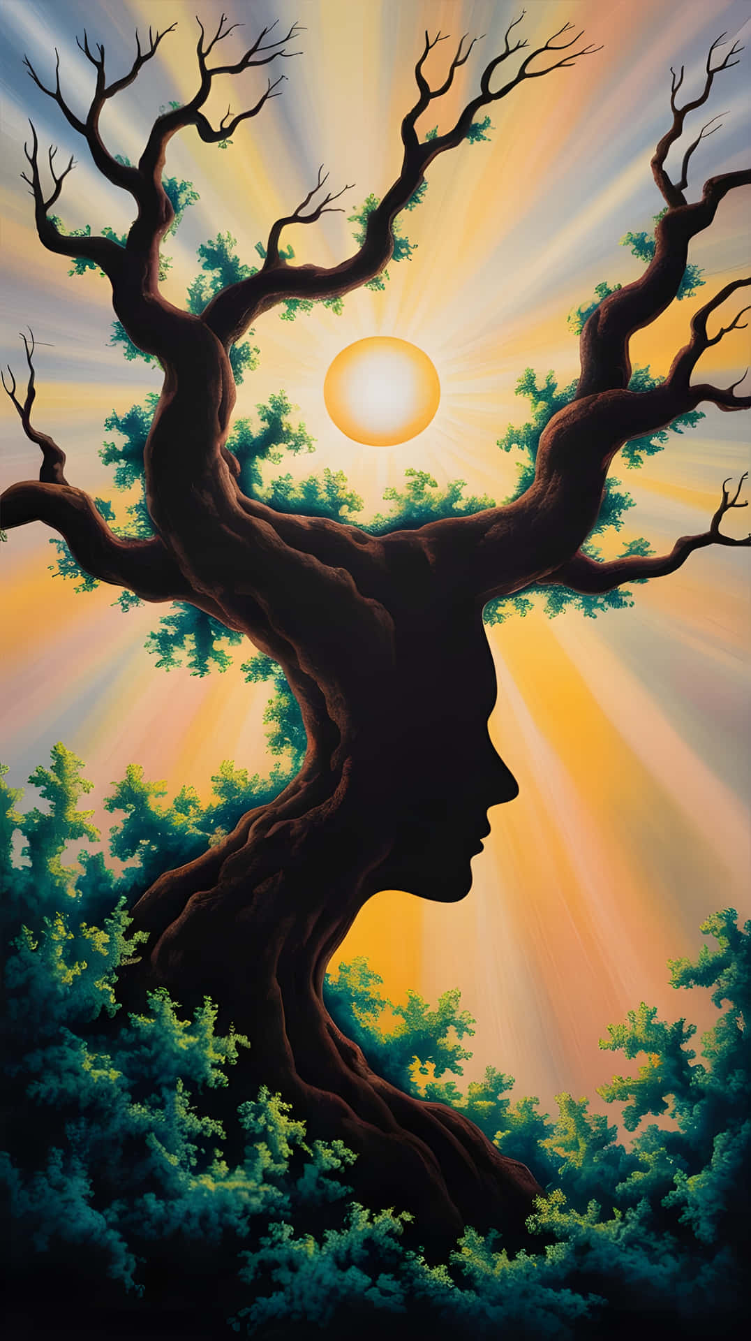 Surreal Tree Man Face at Golden Sunset Wallpaper 壁紙 — 一棵樹的剪影，樹枝形成人類的側面輪廓，背景是燦爛的太陽爆發天空。