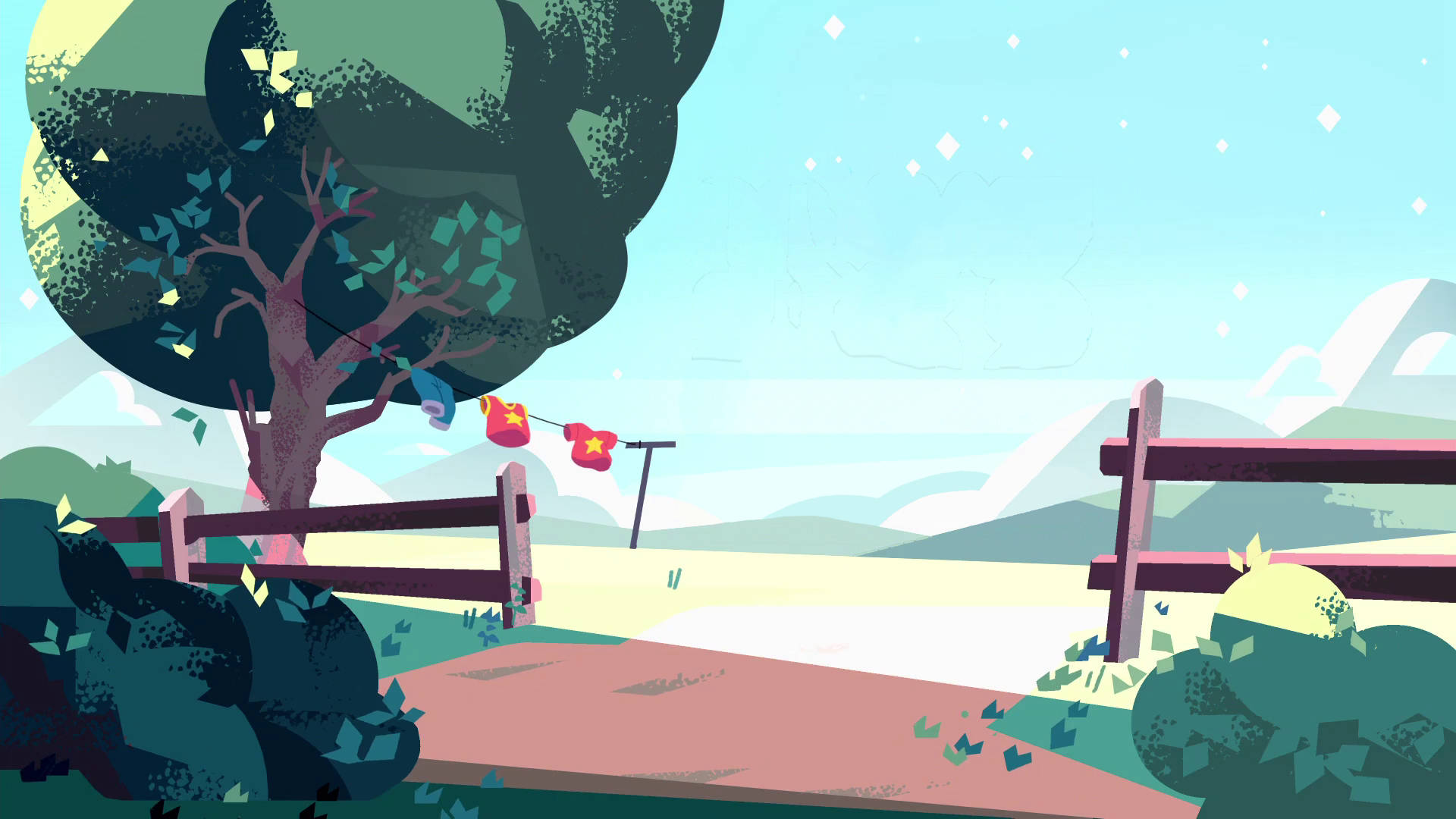 Steven Universe iPad 桌布 壁紙 — 一棵樹的風格化插圖，樹葉飄落，旁邊是木柵欄，天空晴朗，遠處有山巒。