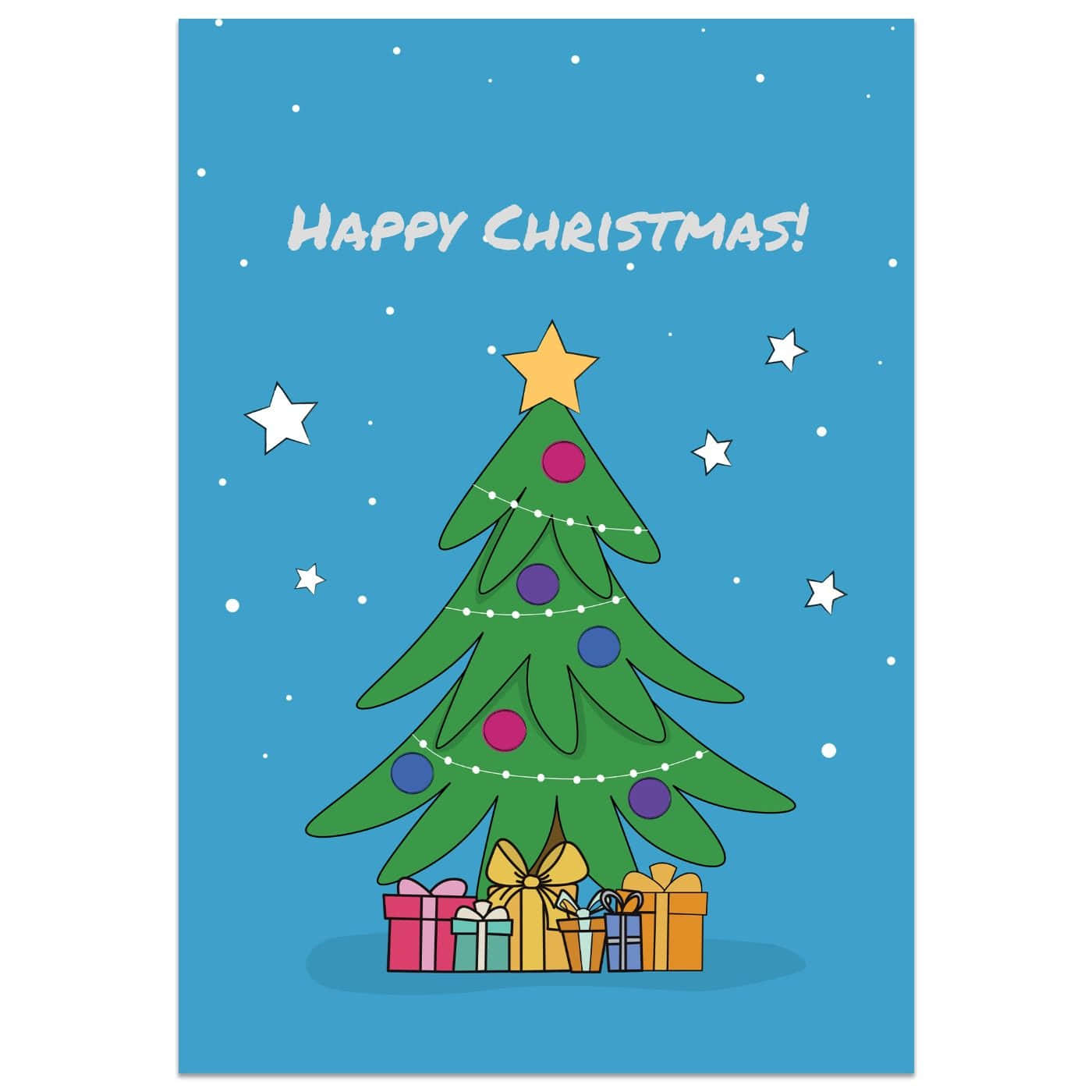 Christmas Card 桌布 壁紙 — 一棵歡樂的卡通聖誕樹，在繁星點點的藍天下裝飾著色彩繽紛的飾品和禮物。