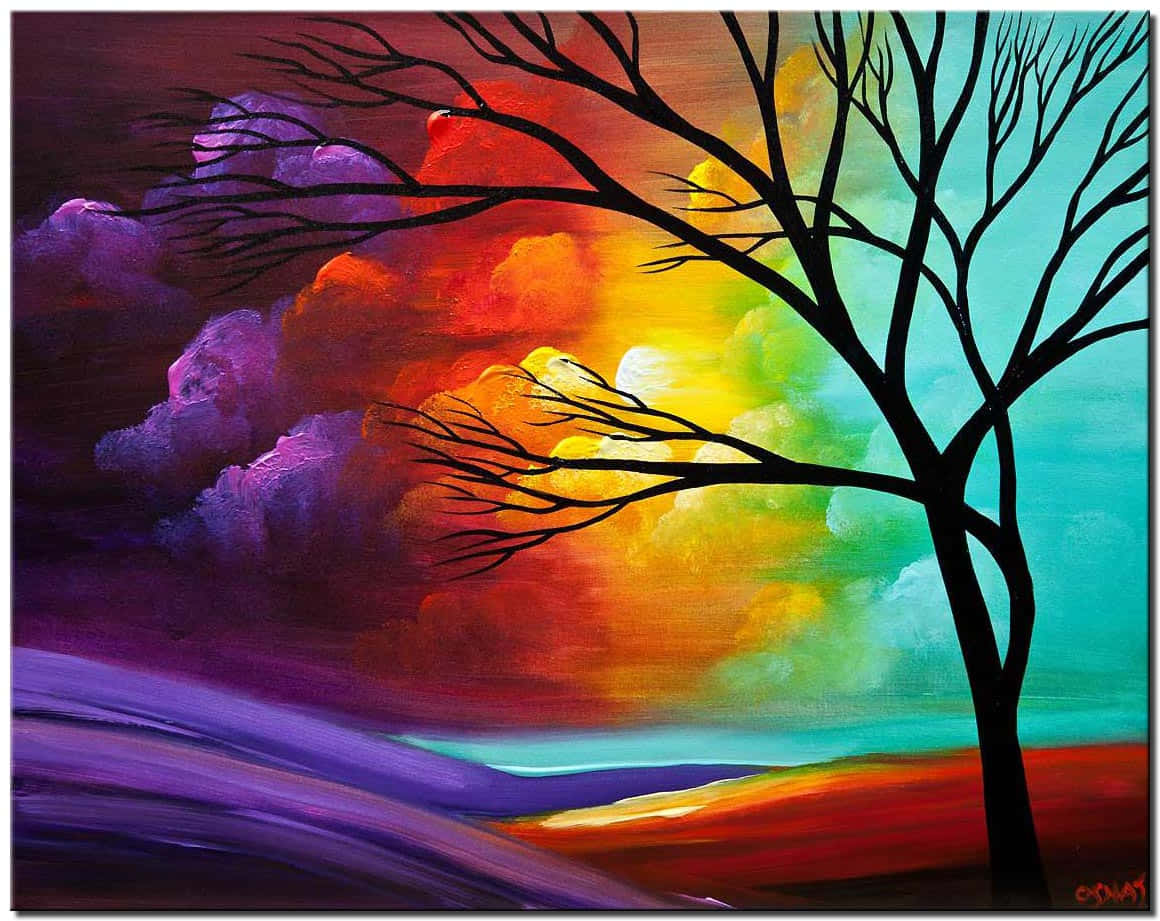 Beautiful Art 桌布 壁紙 — 一棵清晰的黑色樹木剪影，矗立在色彩繽紛的日落天空下，天空塗滿了火熱的橙色、黃色和清涼的藍綠色紫色。