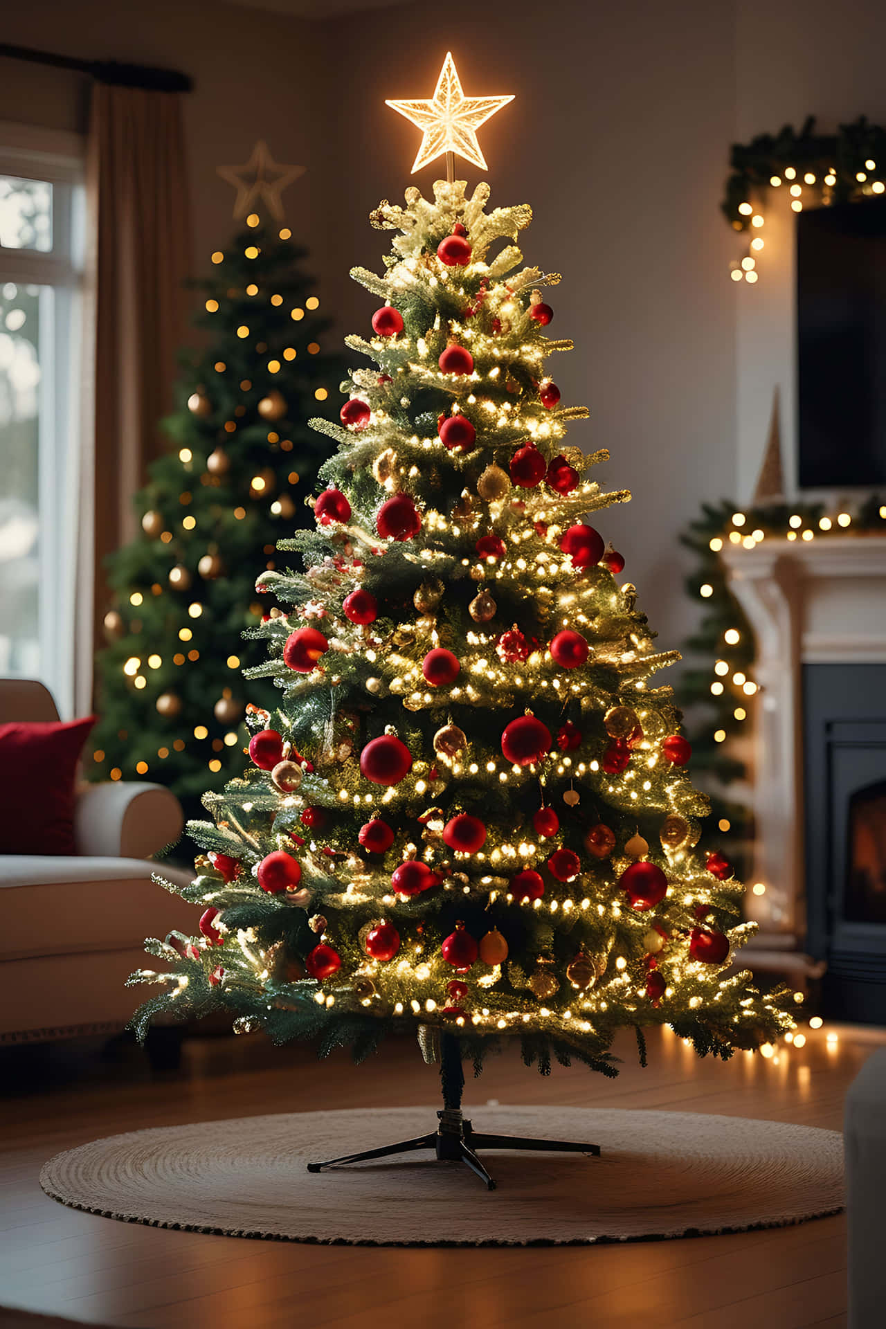 Cozy living room christmas tree decoration 壁紙 — 一棵溫暖照亮的聖誕樹，裝飾著紅色飾品和金色燈光，位於舒適客廳的編織地毯中央。
