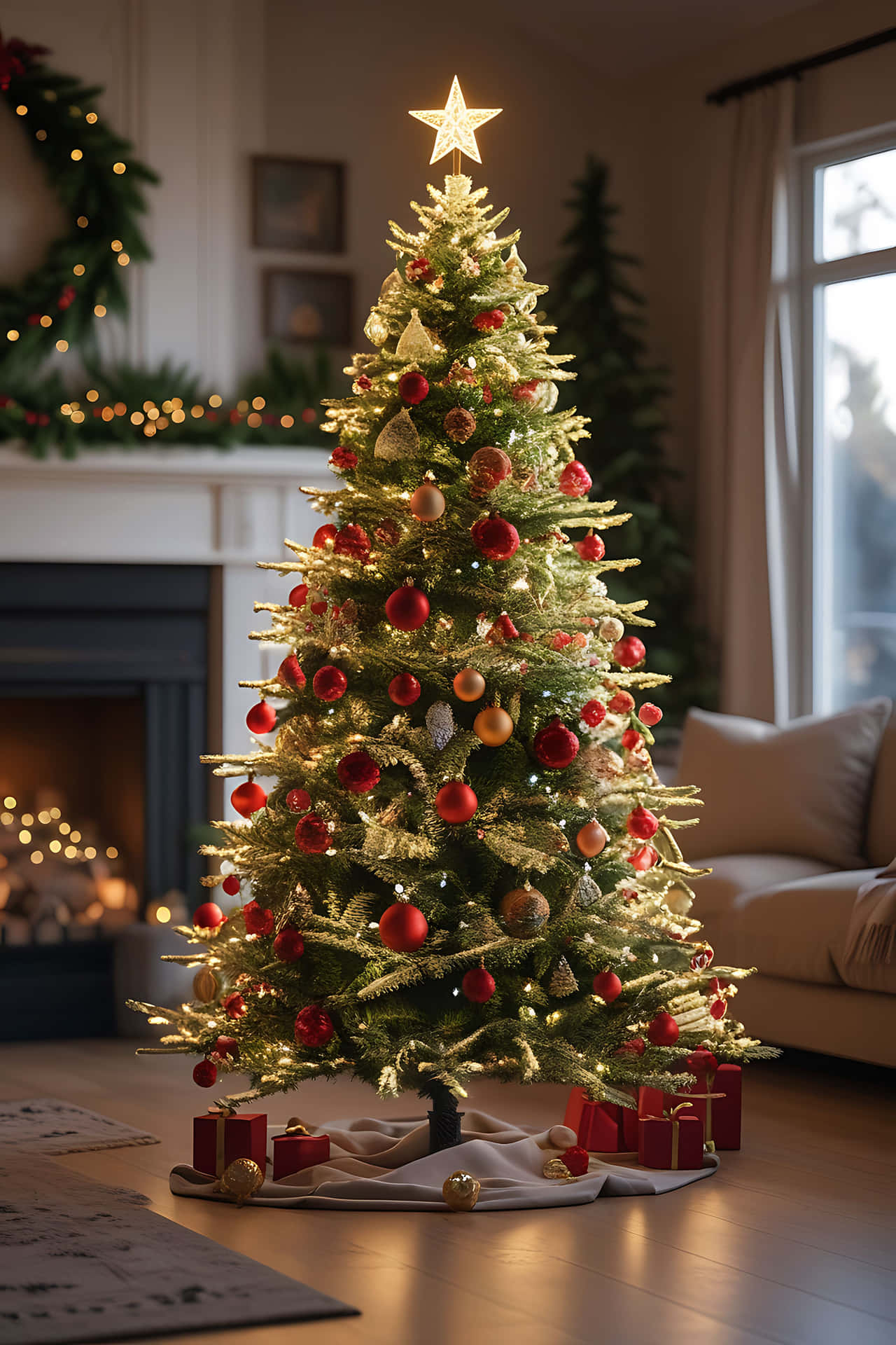 Elegant christmas tree in living room 壁紙 — 一棵溫暖照明的聖誕樹，裝飾著紅色飾品、金色點綴和閃亮的星星，矗立在舒適的客廳中，旁邊是壁爐和沙發。
