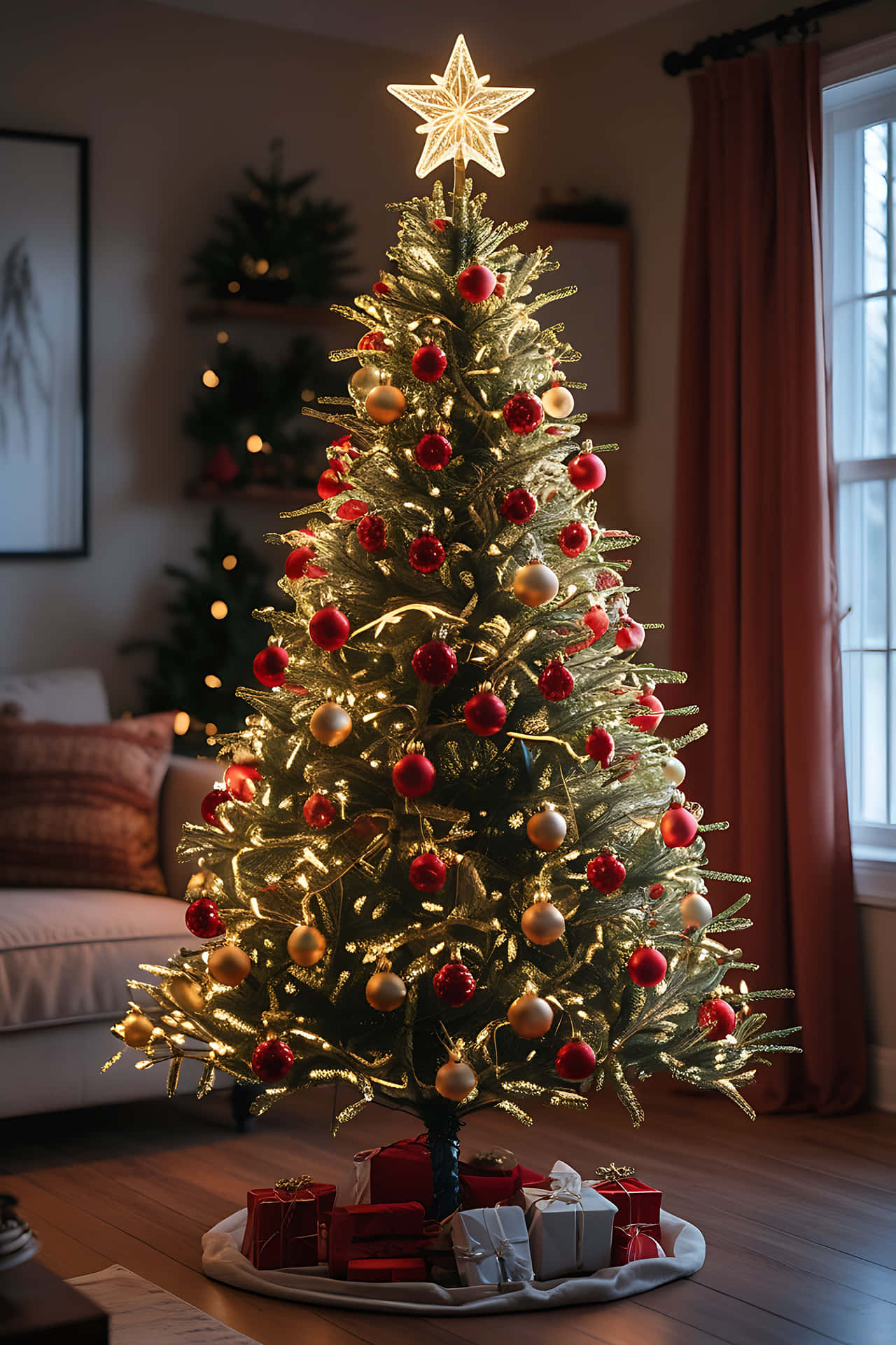 Elegant christmas tree with red and gold ornaments 壁紙 — 一棵溫暖照明的聖誕樹，裝飾著紅色和金色的飾品和一顆發光的星星，矗立在舒適的客廳中，下面放著禮物。