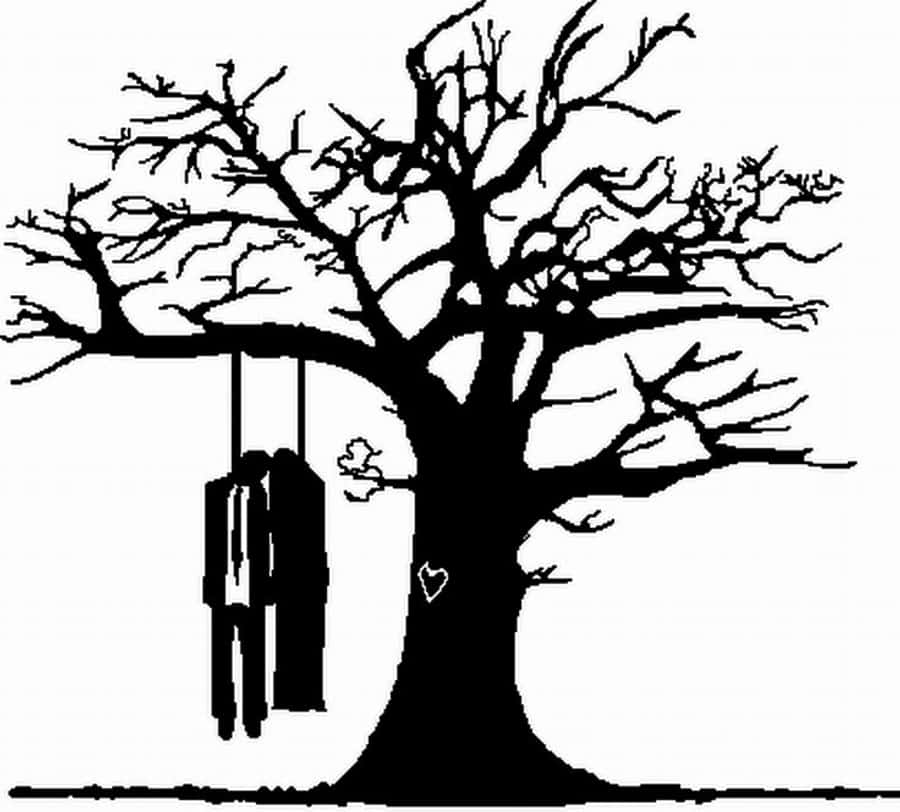 Suicide 桌布 壁紙 — 一棵無葉樹的清晰黑色剪影，樹幹上有兩個懸掛的人物和一個雕刻的心形。