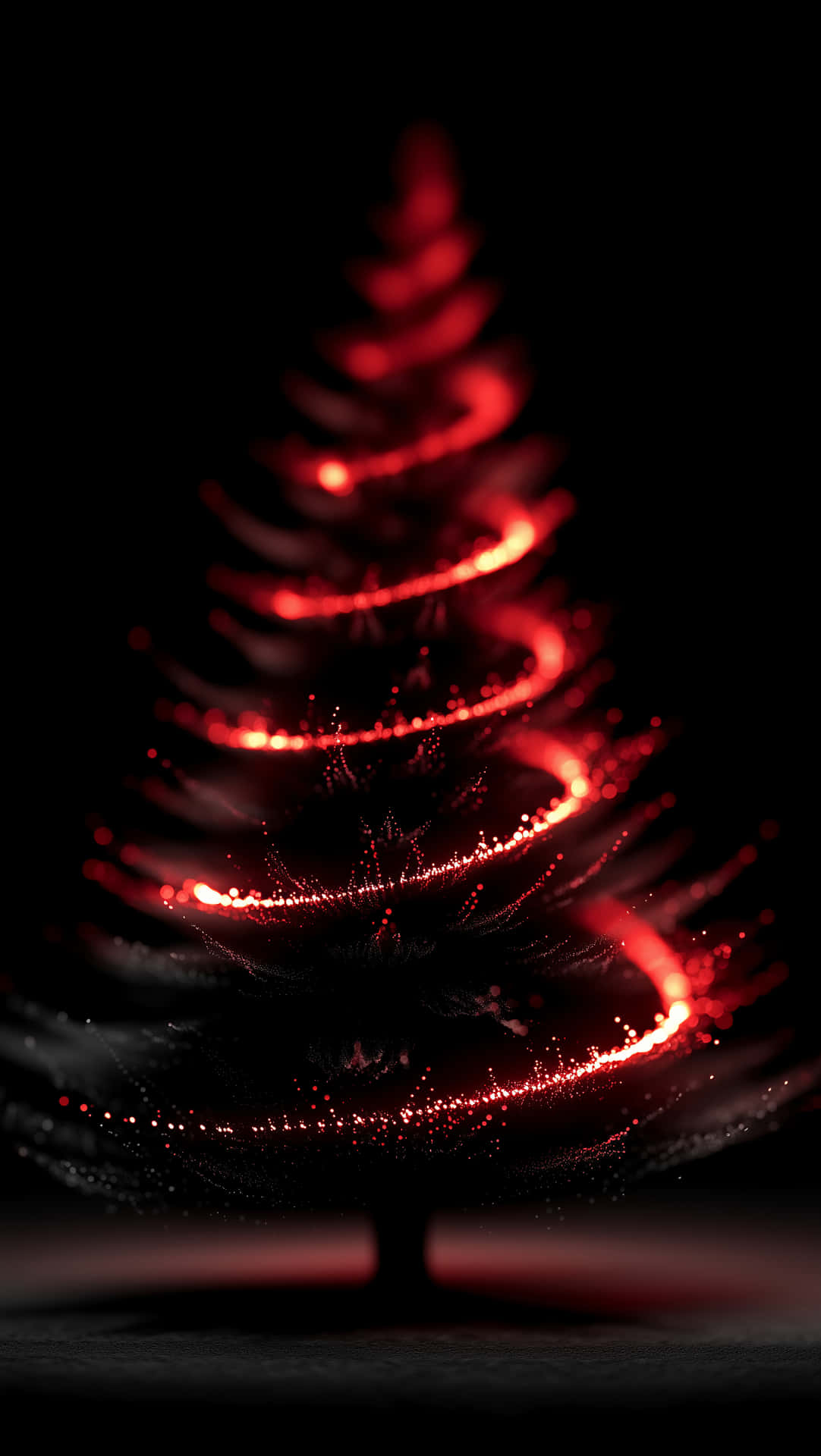 Christmas Wallpapers 壁紙 — 一棵由光粒子組成的發光紅色螺旋樹，立在黑色背景上，底部有微弱的紅色光芒。