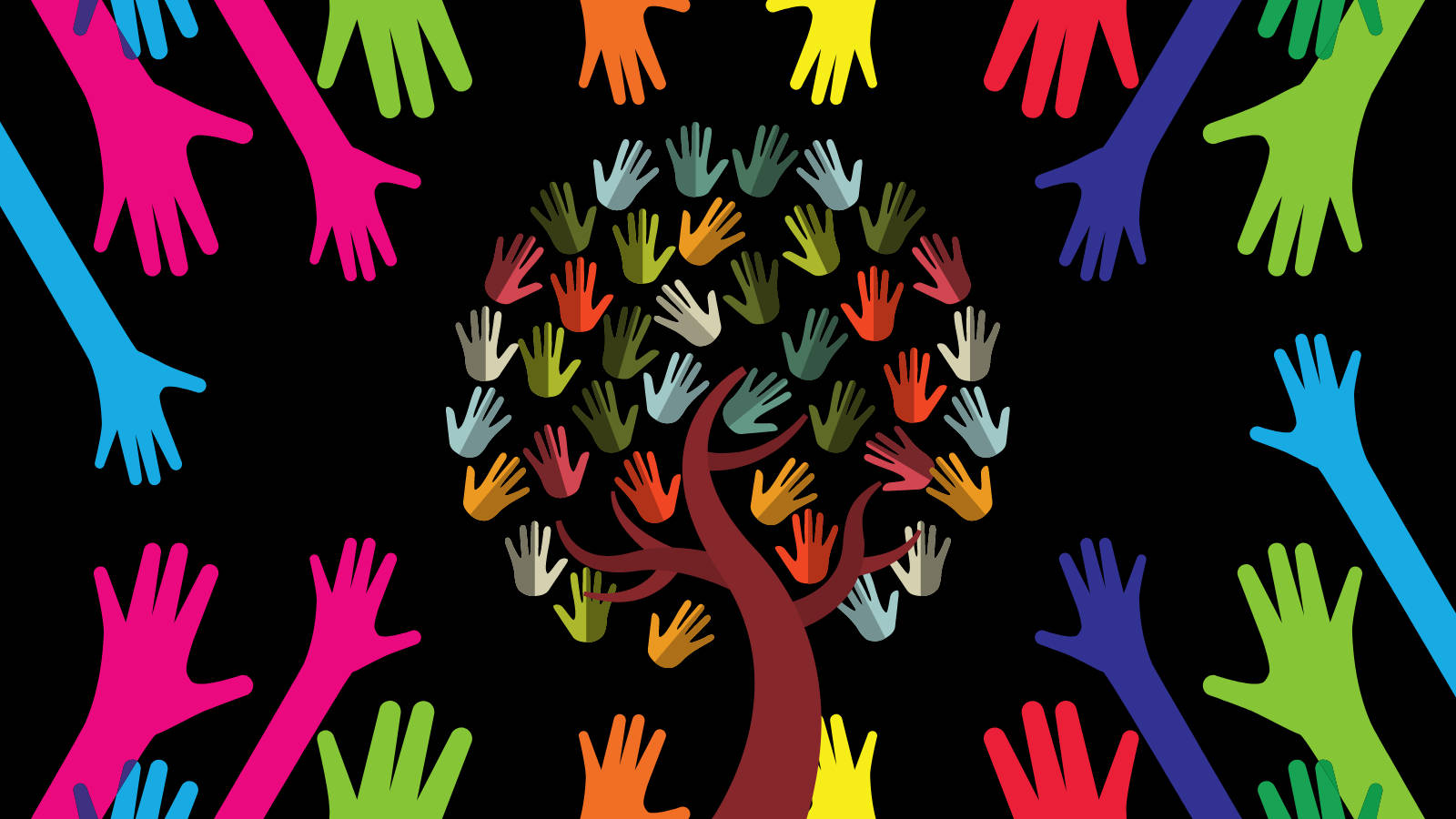 Teamwork 桌布 壁紙 — 一棵由多色手組成的充滿活力的樹在黑色背景上生長，周圍環繞著彩虹色調的伸手手。