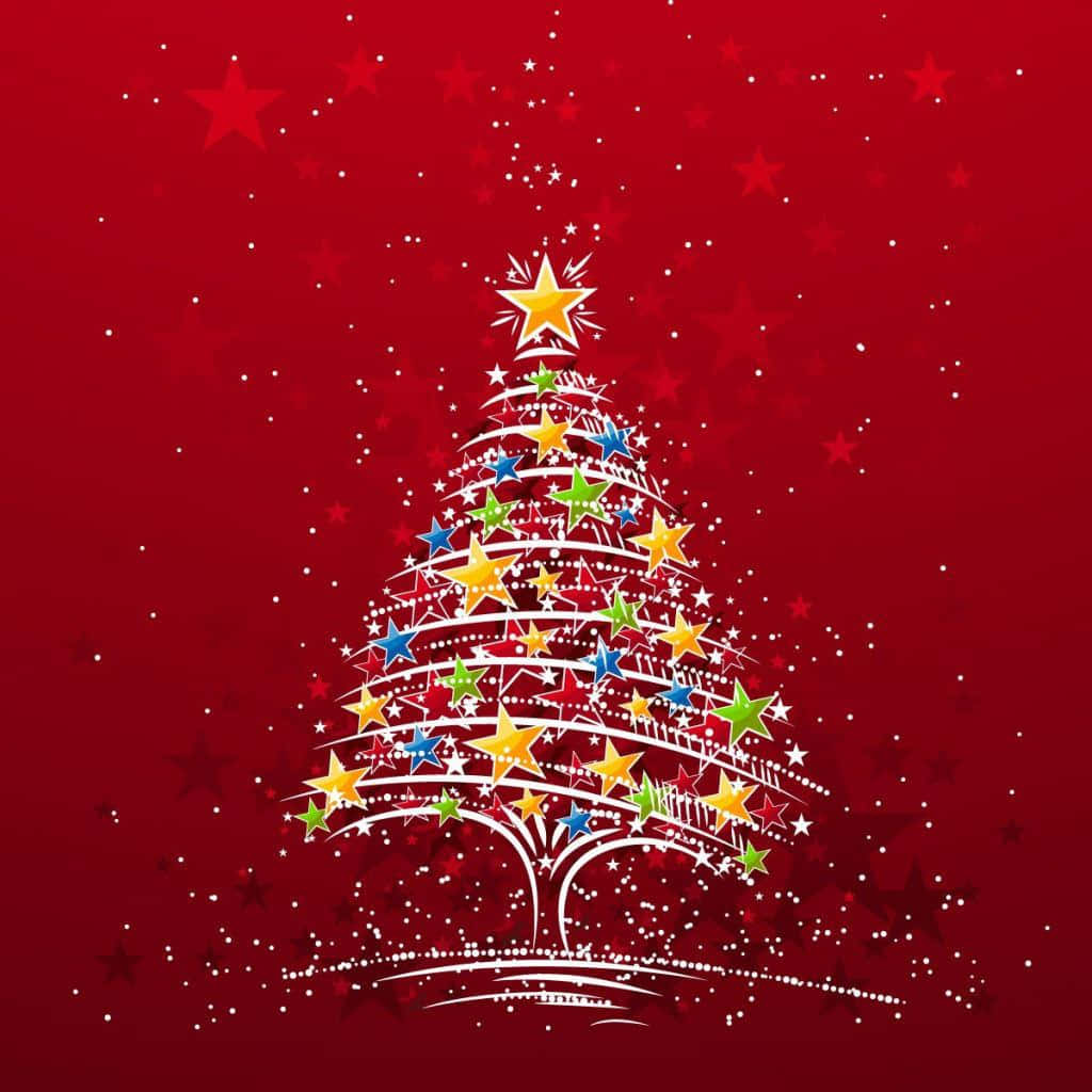 iPad Christmas 桌布 壁紙 — 一棵由彩色星星和白色線條組成的風格化聖誕樹，矗立在深紅色背景上，散落著星星和閃光。