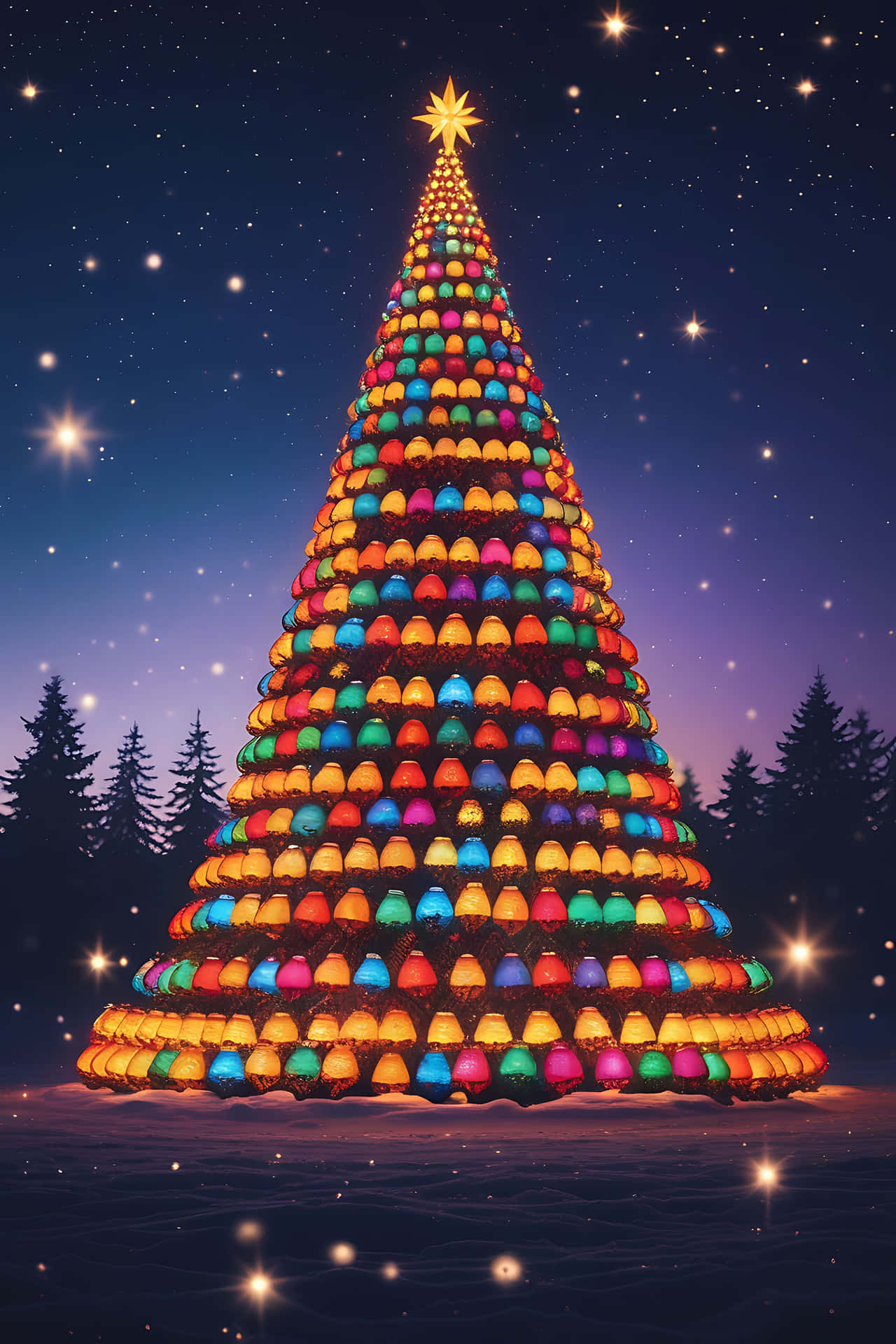 Illuminated christmas tree in winter night 壁紙 — 一棵由發光彩色燈光組成的宏偉聖誕樹矗立在雪地中，星空下。