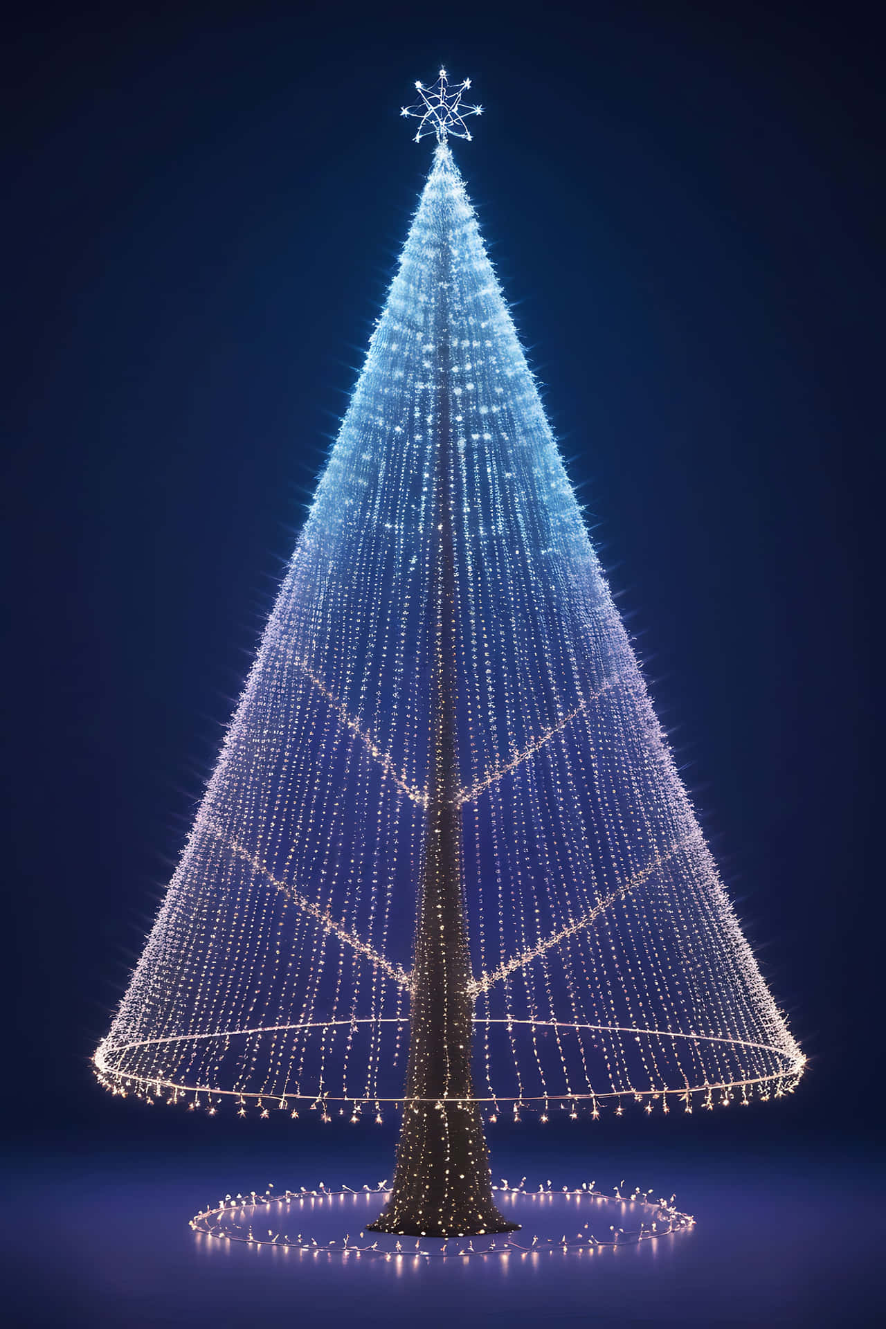 Illuminated christmas tree 壁紙 — 一棵由白色燈光瀑布組成的宏偉聖誕樹，頂部有星星裝飾，矗立在深藍色背景前。