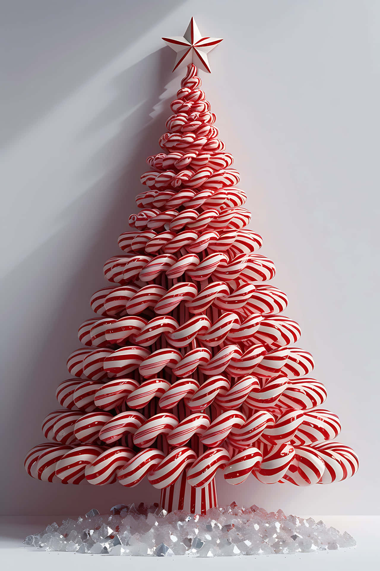 Candy cane christmas tree 壁紙 — 一棵由紅白條紋拐杖糖製成的高聳聖誕樹，頂部有一顆星星，矗立在素牆前，底部有閃閃發光的糖晶體。