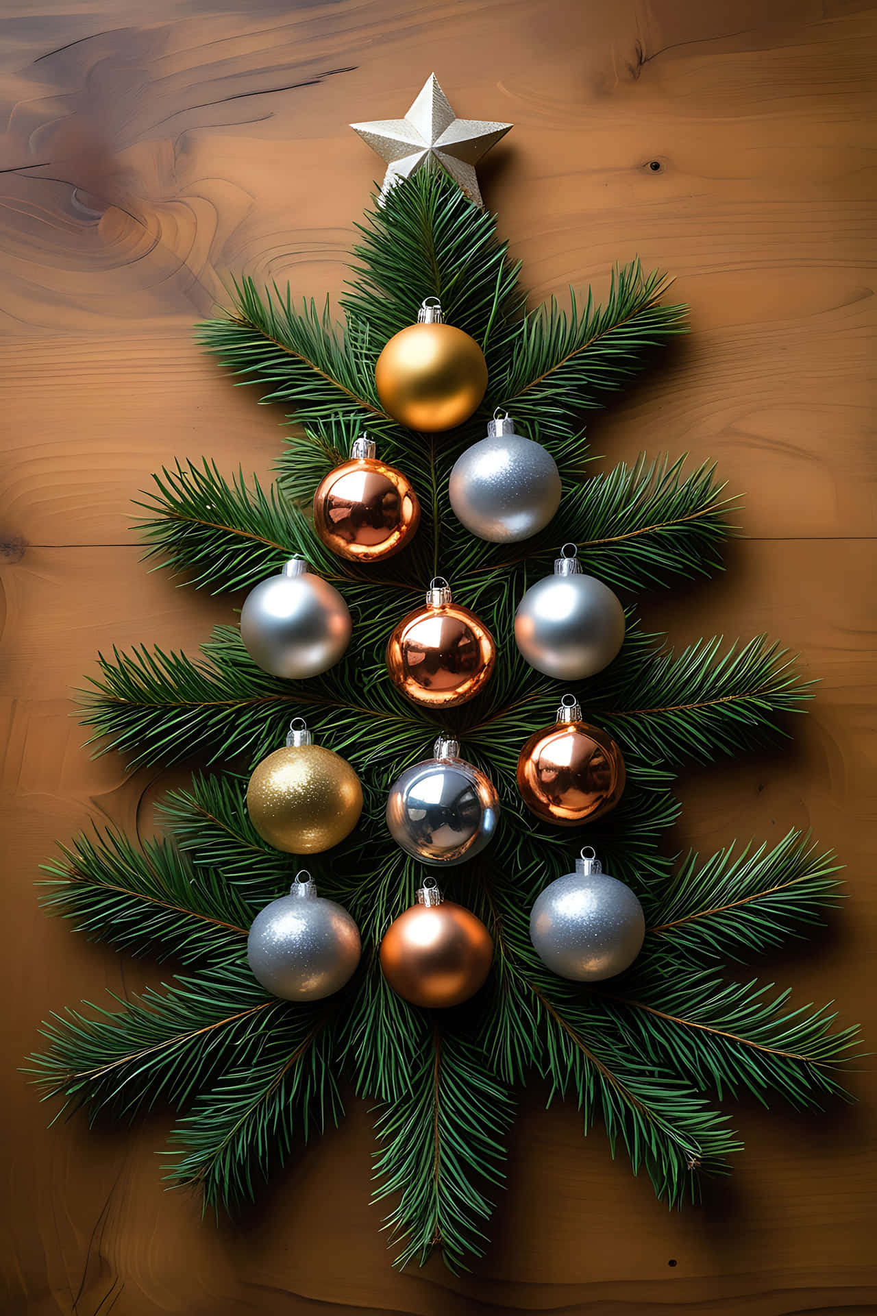 Decorated christmas tree branch 壁紙 — 一棵由綠色松樹枝製成的節日聖誕樹，裝飾著閃亮的金色、銀色和銅色飾品，頂部有一顆星星，放在溫暖的木質表面上。