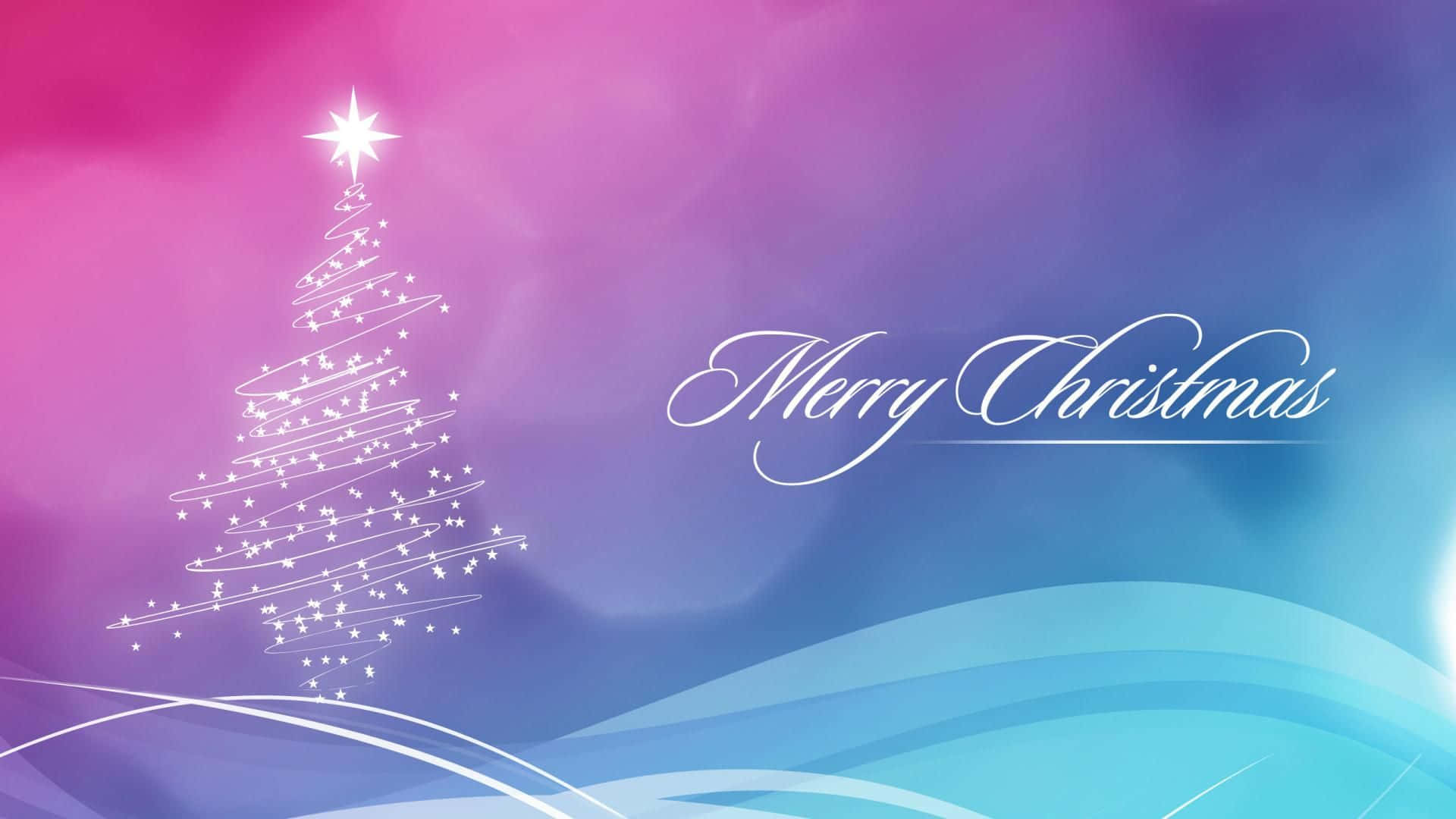 Greetings 桌布 壁紙 — 一棵由閃爍星星組成的節日聖誕樹，矗立在夢幻漸變的天空下，旁邊寫有「Merry Christmas」。