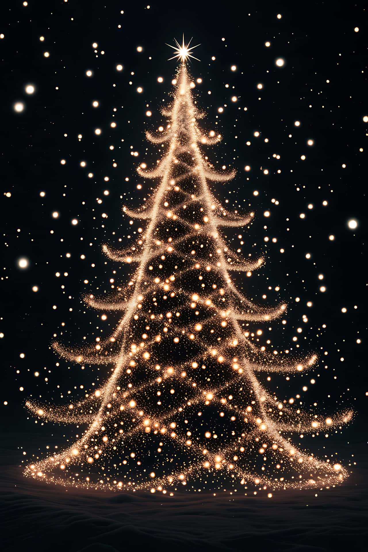 Illuminated christmas tree in snow 壁紙 — 一棵由閃爍燈光組成的金色聖誕樹，在繁星點點的夜空和飄雪中高高聳立。