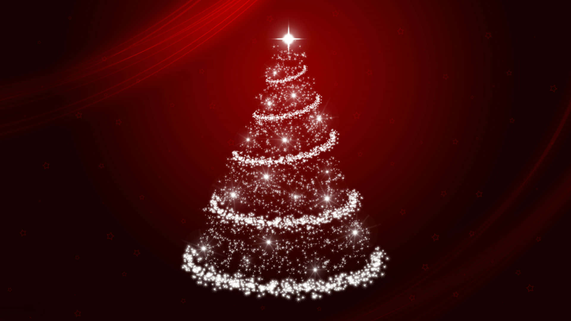 Red Aesthetic Christmas 桌布 壁紙 — 一棵由閃爍粒子組成的閃亮白色聖誕樹，矗立在深紅色漩渦背景上，頂端有一顆明亮的星星。