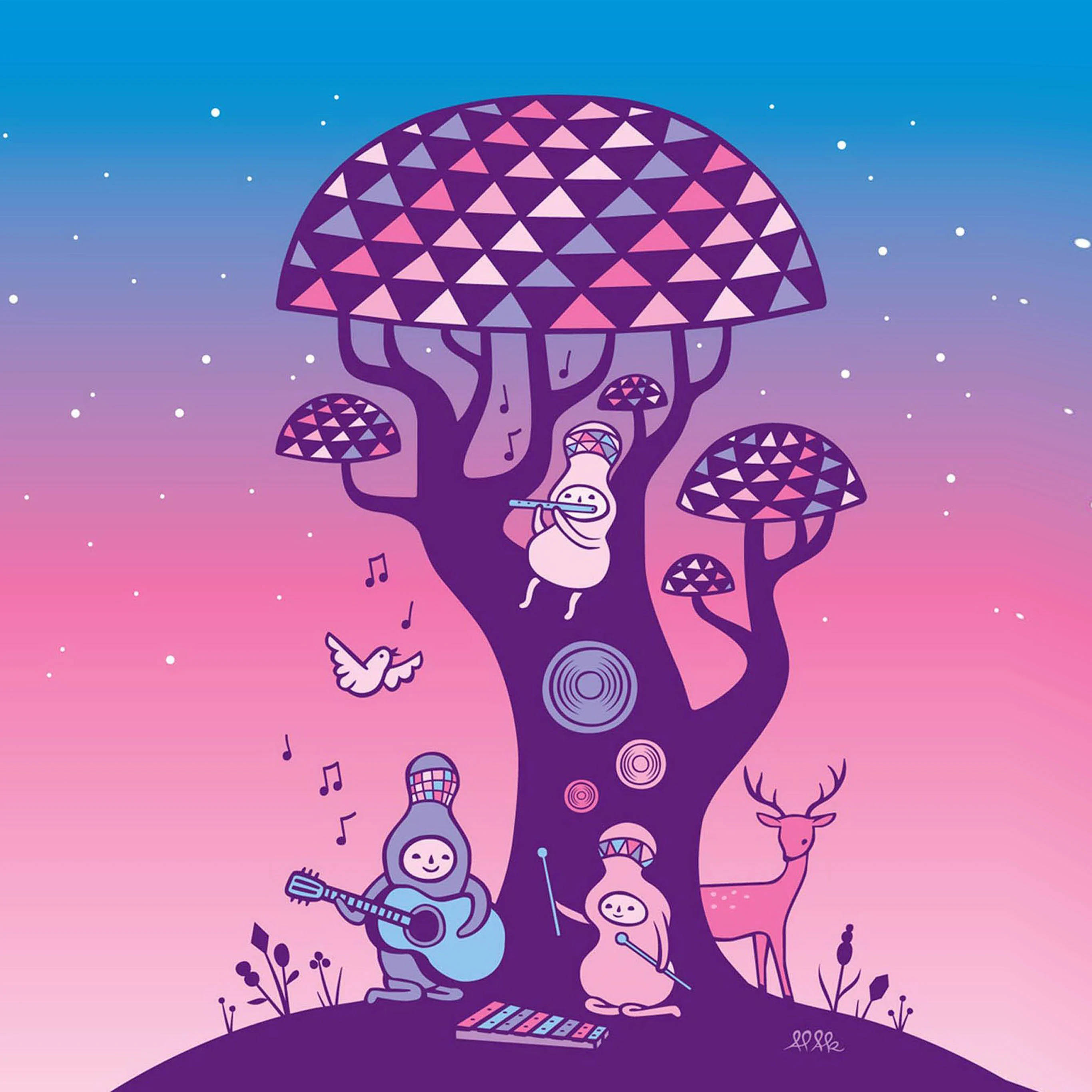 美學 桌布 壁紙 — 一棵異想天開的插圖樹，帶有幾何樹冠，在星光燦爛的粉紅色和藍色天空下容納音樂家和一隻鹿。