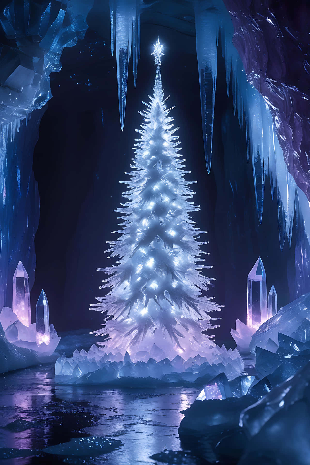 Illuminated christmas tree in icy cavern 壁紙 — 一棵發光的冰聖誕樹，裝飾著閃爍的燈光，矗立在神秘的洞穴中，周圍環繞著懸掛的冰柱和發光的晶體結構。