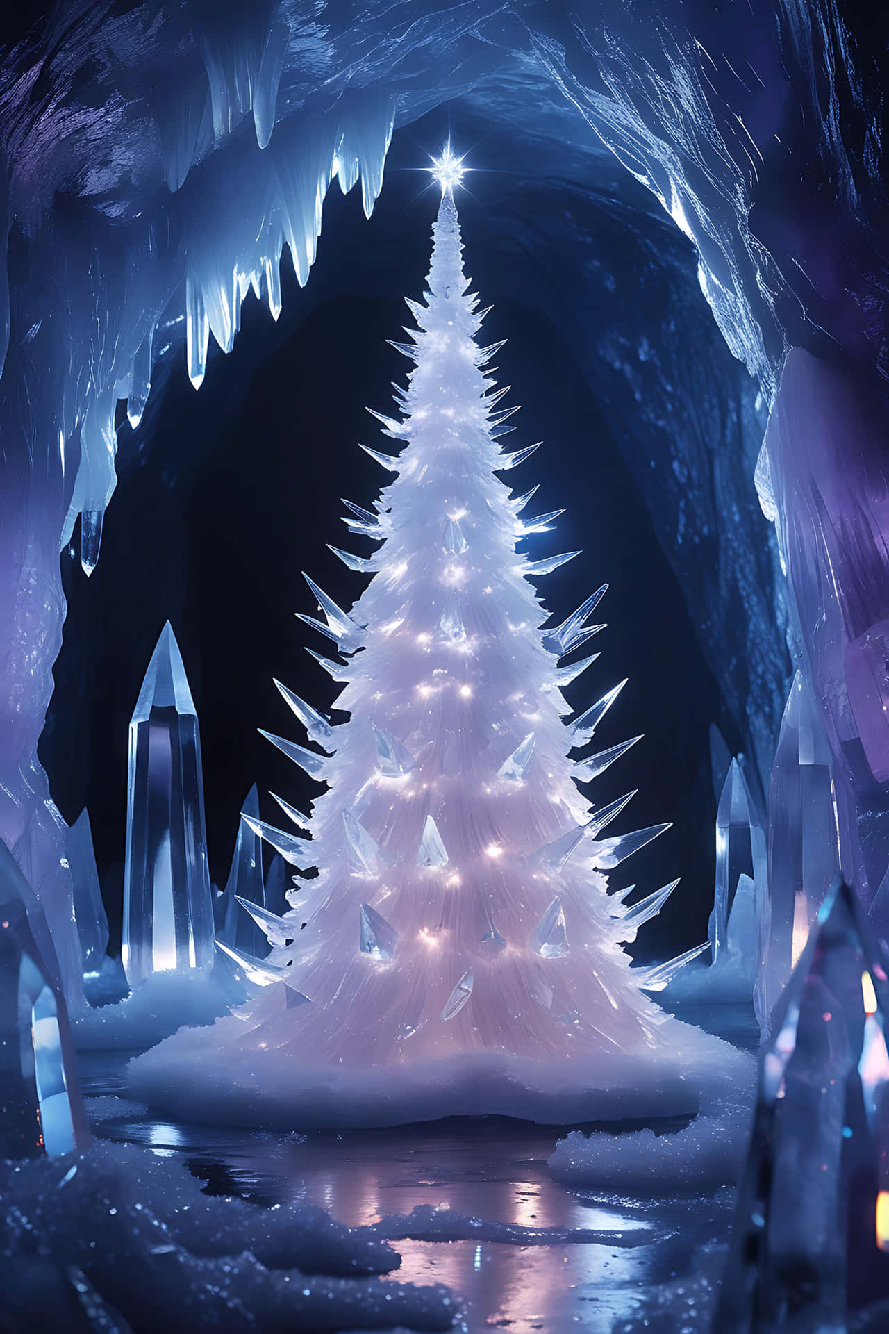 Illuminated ice tree in cavern 壁紙 — 一棵發光的冰聖誕樹，裝飾著閃爍的燈光，雄偉地矗立在一個佈滿鋸齒狀冰柱和高聳水晶結構的洞穴中。