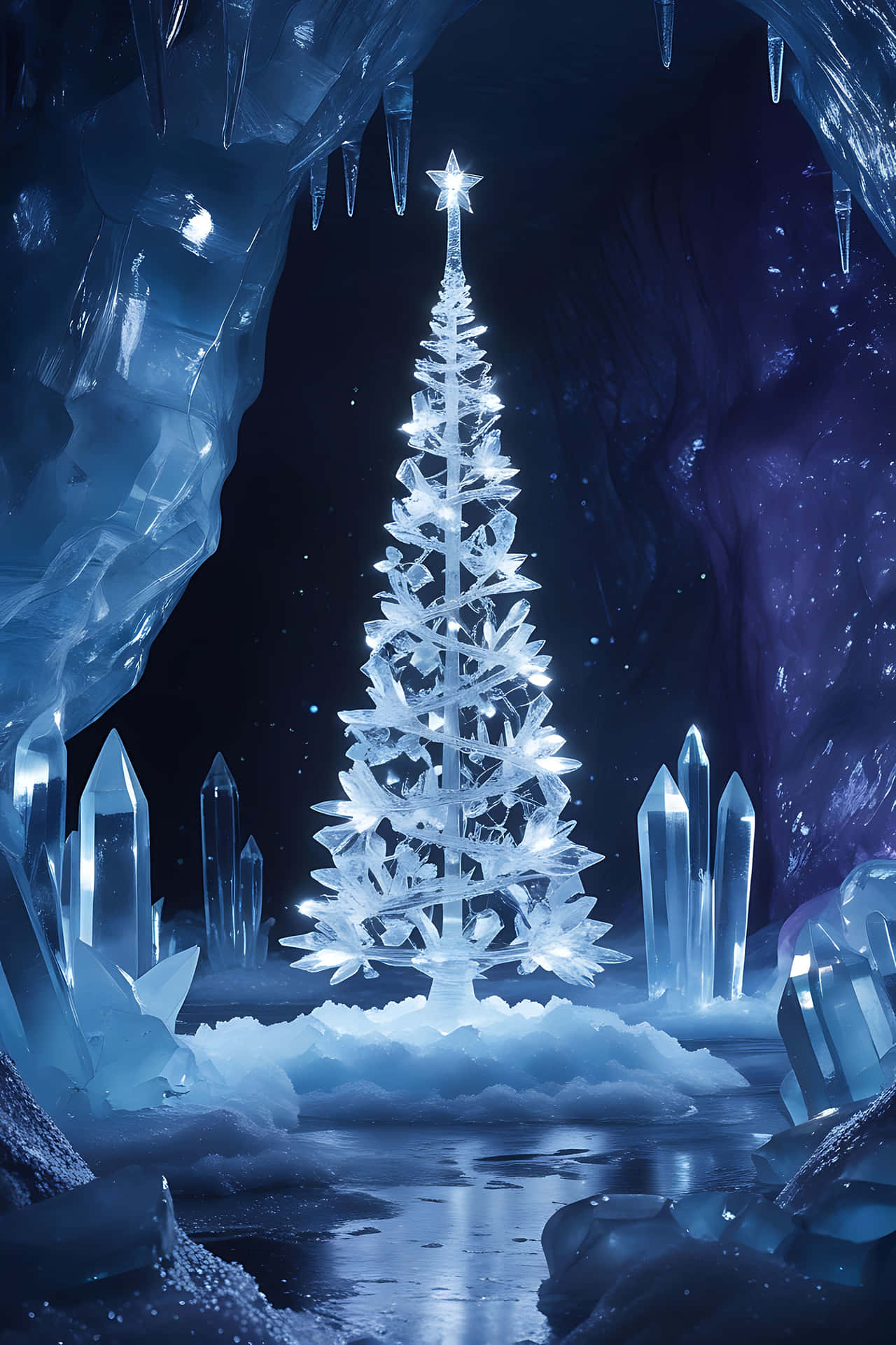 Ice crystal christmas tree in frozen cavern 壁紙 — 一棵發光的冰聖誕樹，飾以閃爍燈光，矗立於水晶洞穴中，周圍環繞著高聳的冰柱和閃閃發光的石英晶體。