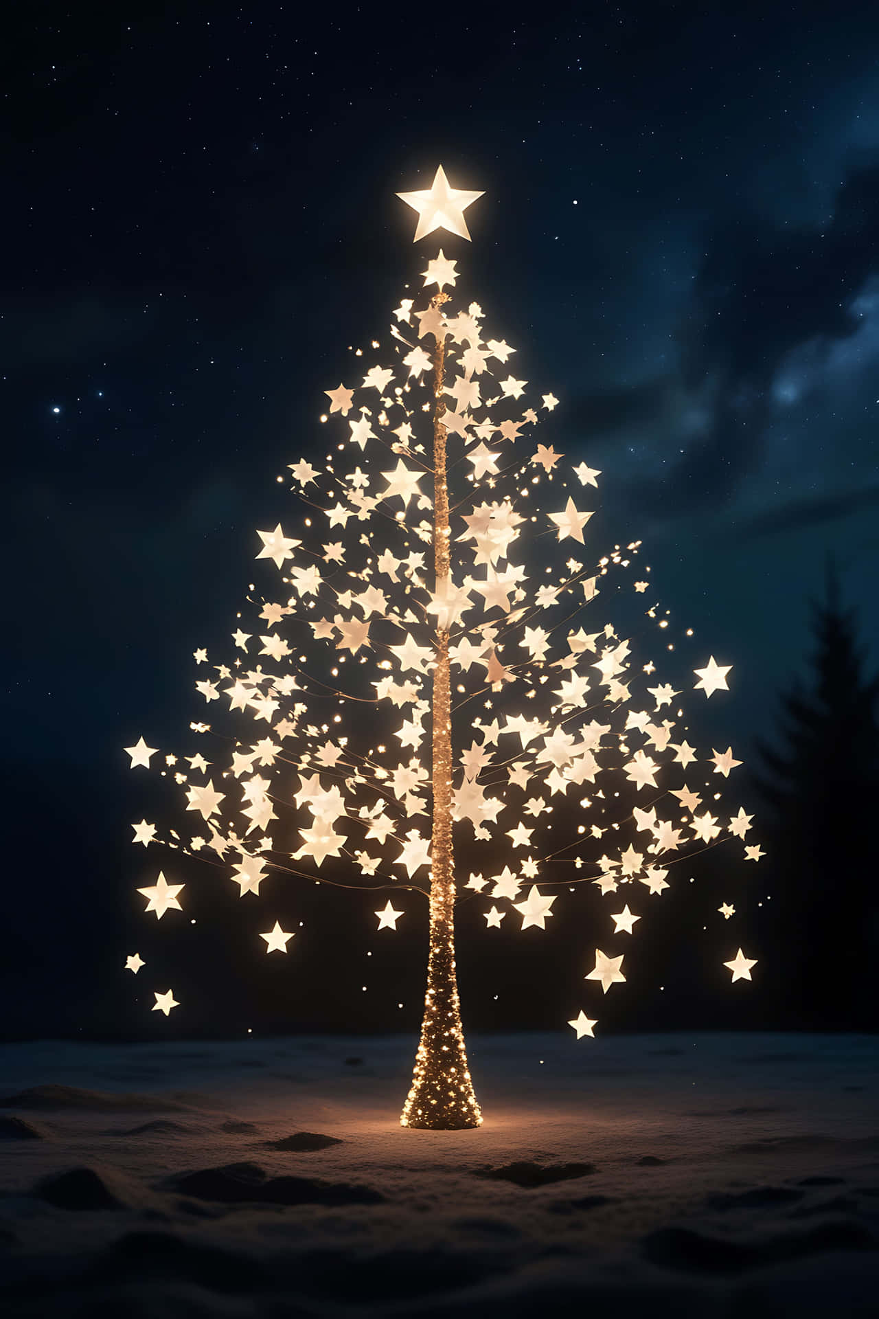 Illuminated star tree in winter night 壁紙 — 一棵發光的星形樹立在雪中，星空下頂端有一顆明亮的星星。
