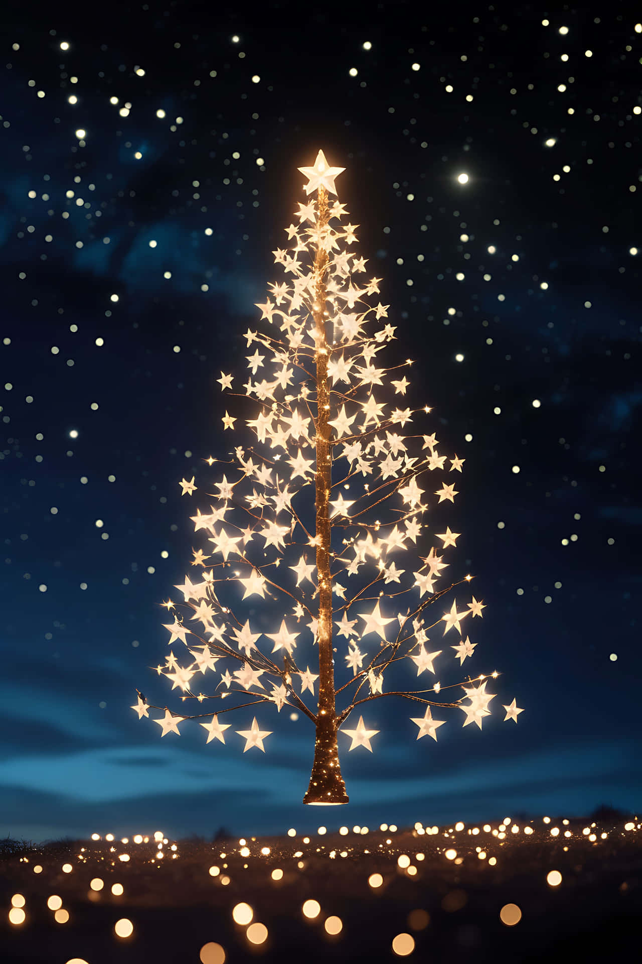 Illuminated star tree under night sky 壁紙 — 一棵發光的星形樹聳立在繁星點點的夜空下，底部有閃爍的燈光。