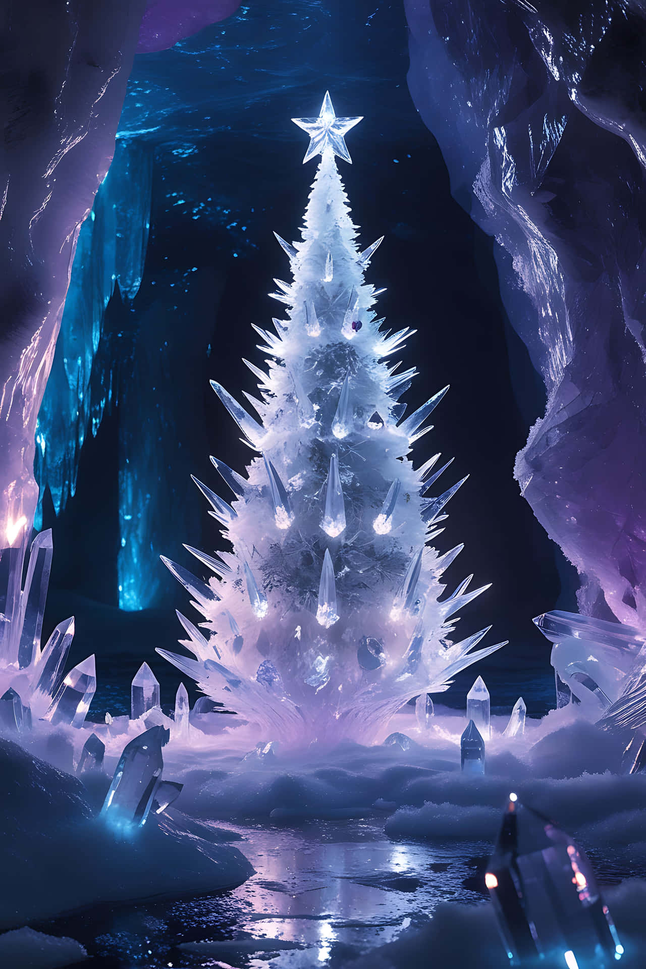 Ice christmas tree in enchanted cave 壁紙 — 一棵發光的晶體聖誕樹，頂部有一顆星星，矗立在一個神秘的洞穴中，洞穴裡充滿了發光的藍色和紫色晶體以及冰冷的水。