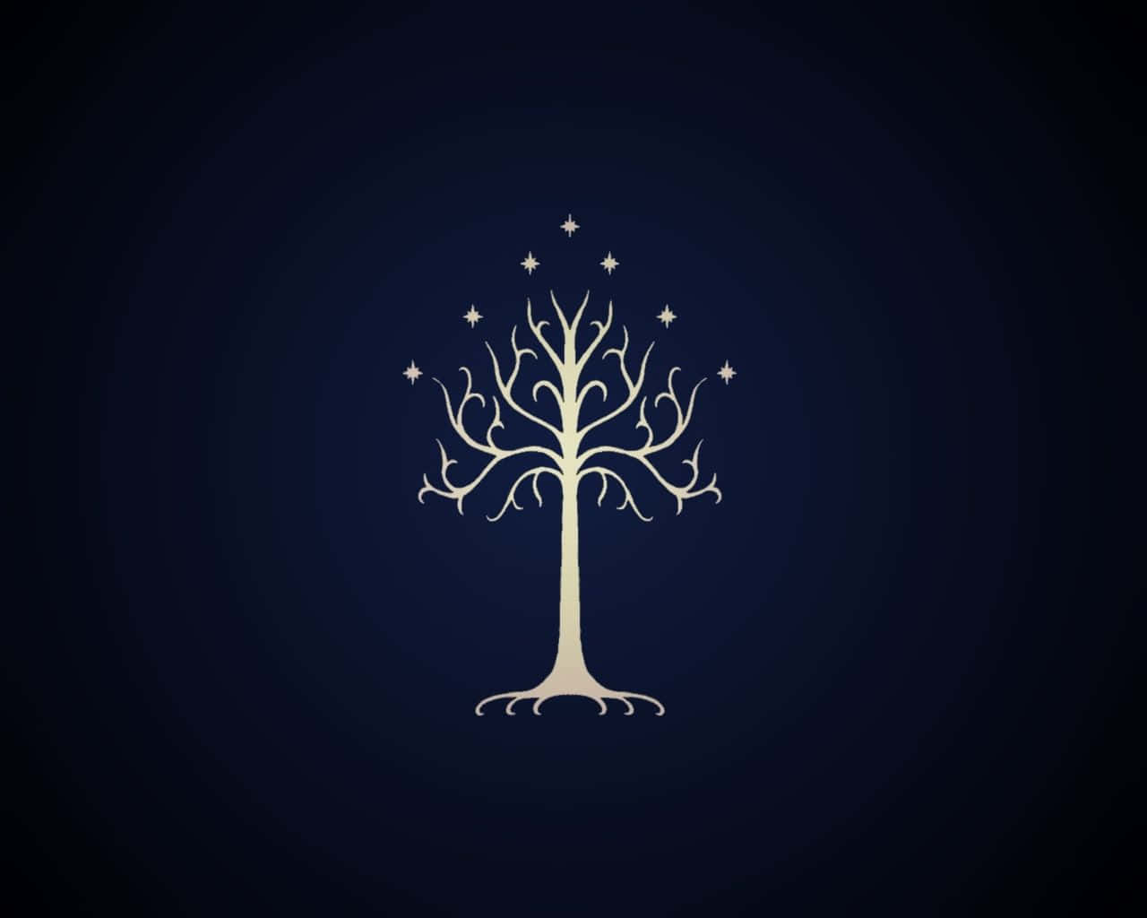 Lotr 桌布 壁紙 — 一棵發光的白色樹木，帶有複雜的樹枝和星星，背景是深藍色漸變。