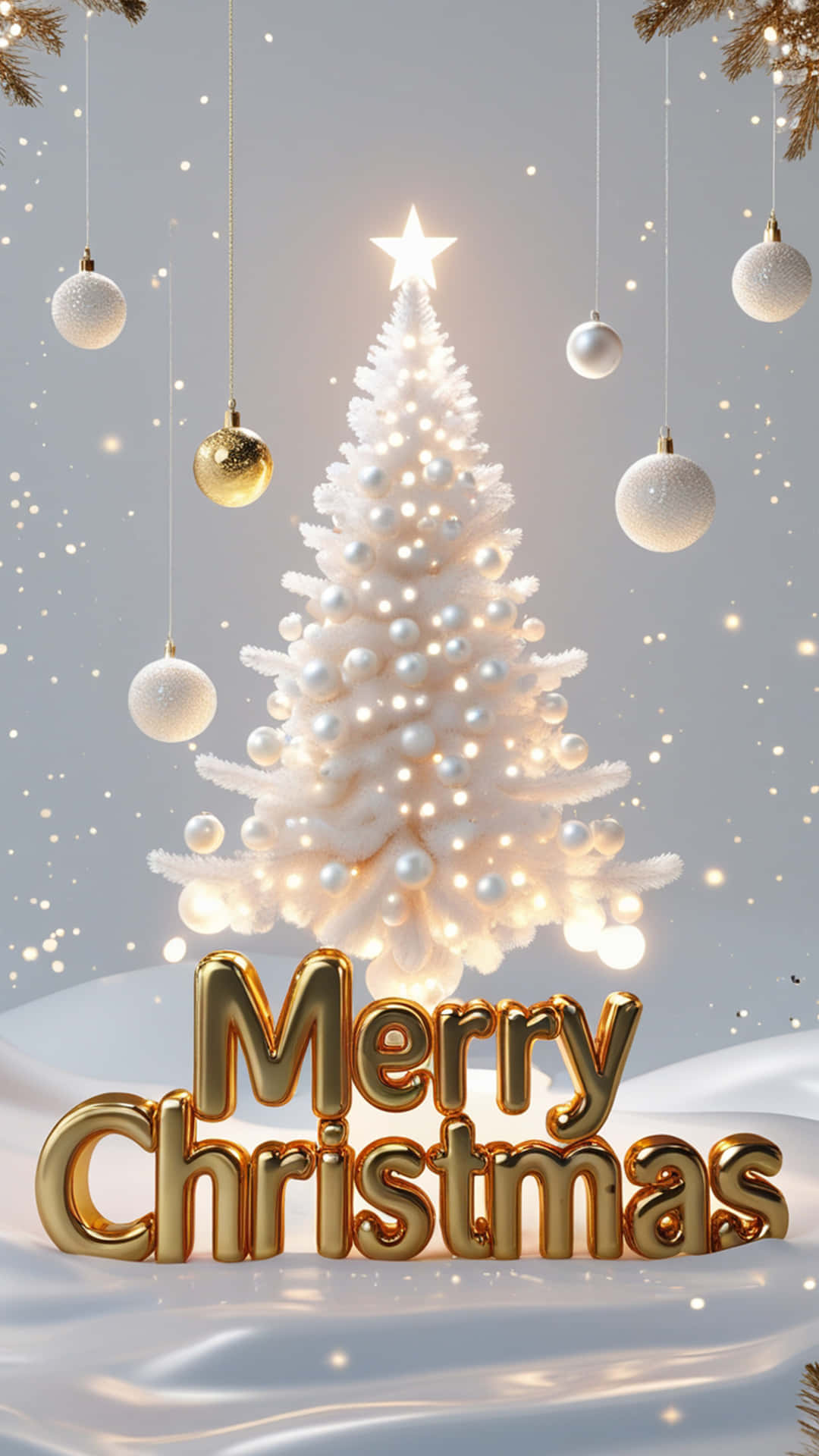 Christmas Wallpaper 壁紙 — 一棵發光的白色聖誕樹，飾有珍珠裝飾和金色飾球，立於一顆星星下，星星上有金色的「聖誕快樂」字樣。